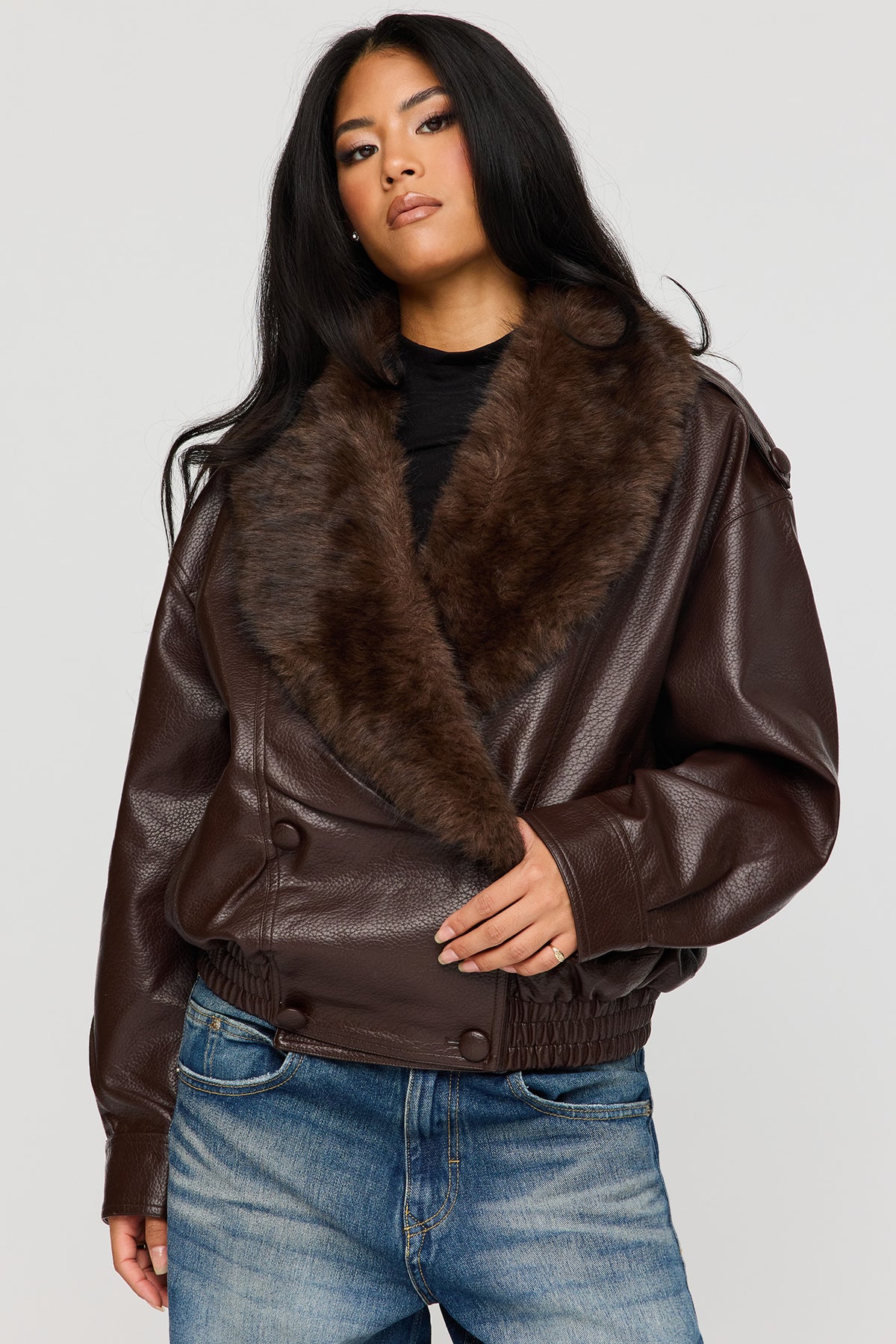 Oversized Faux Leather Collared Jacket - Brown