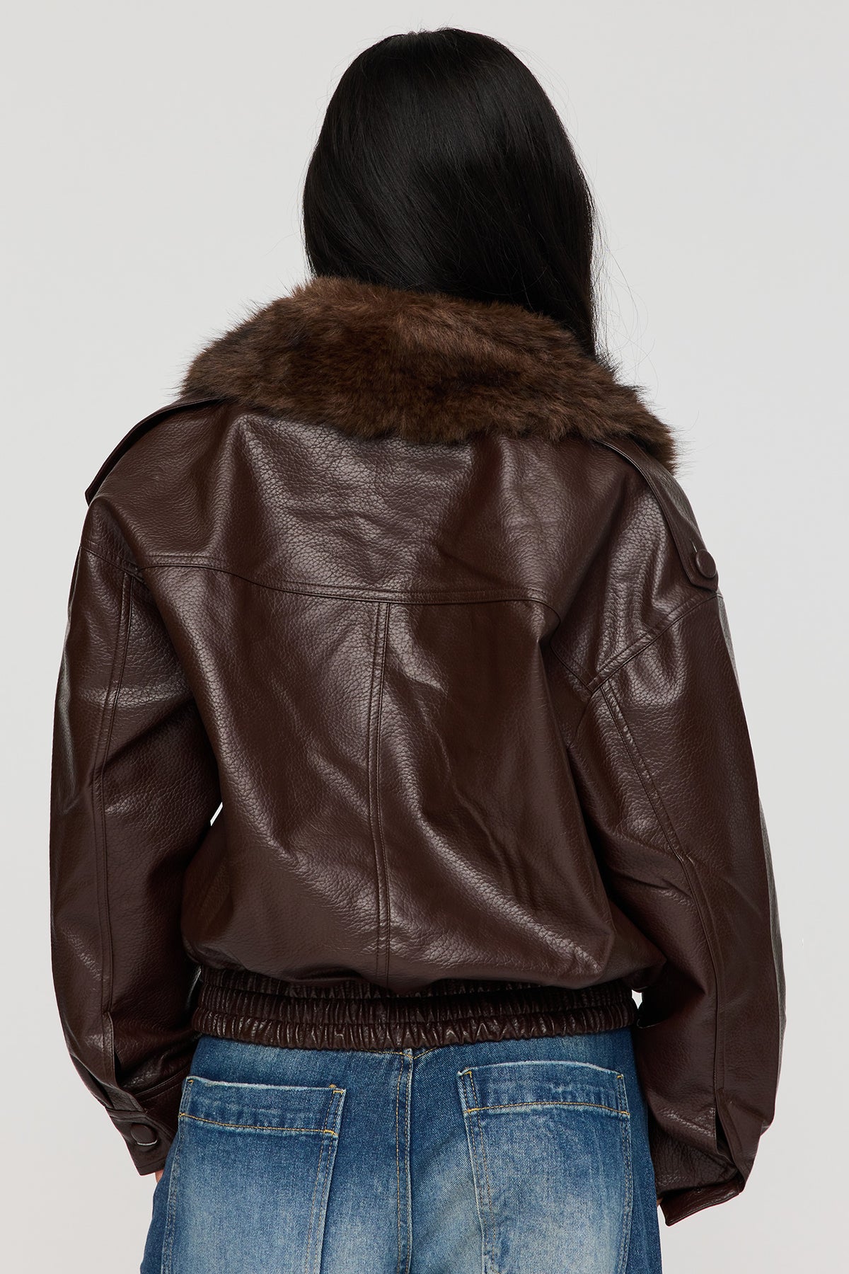 Alt View 2. Oversized Faux Leather Collared Jacket - Brown