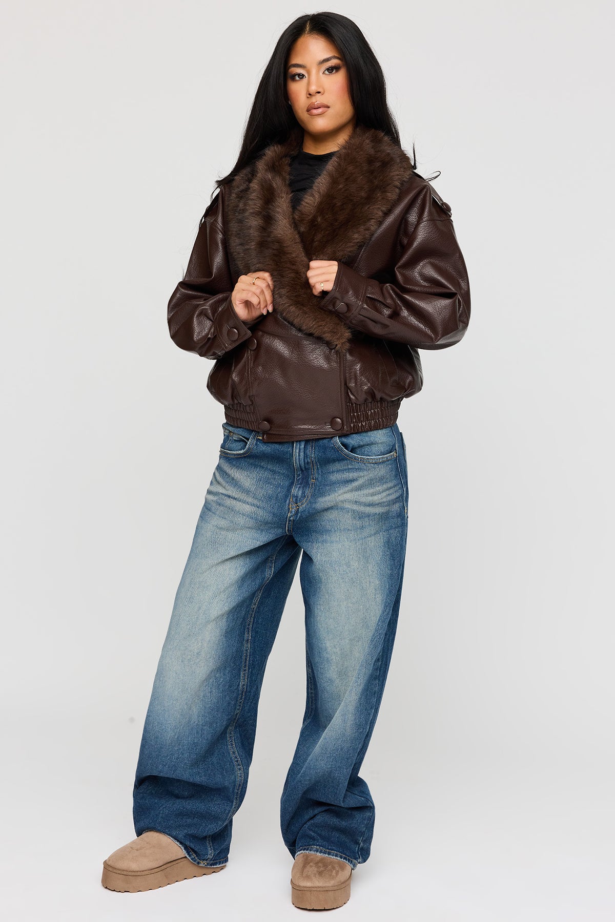 Alt View 3. Oversized Faux Leather Collared Jacket - Brown