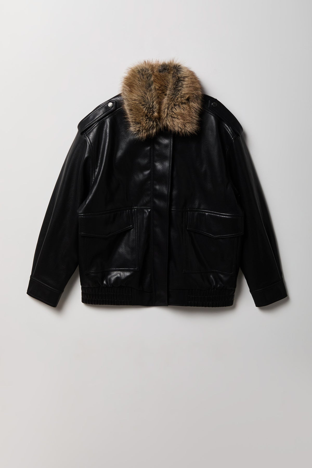 Faux Leather Oversized Jacket with Faux Fur Collar - Black