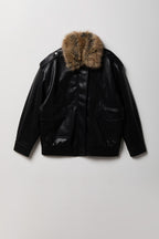 Faux Leather Oversized Jacket with Faux Fur Collar