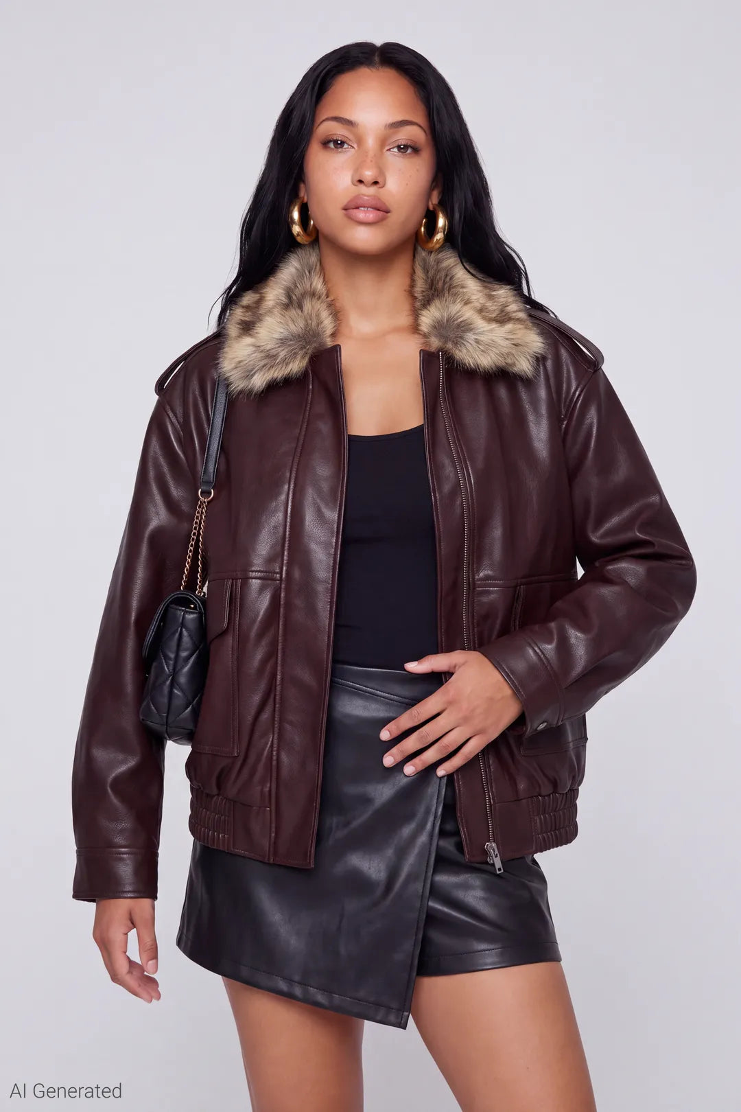 Faux Leather Oversized Jacket with Faux Fur Collar - Brown