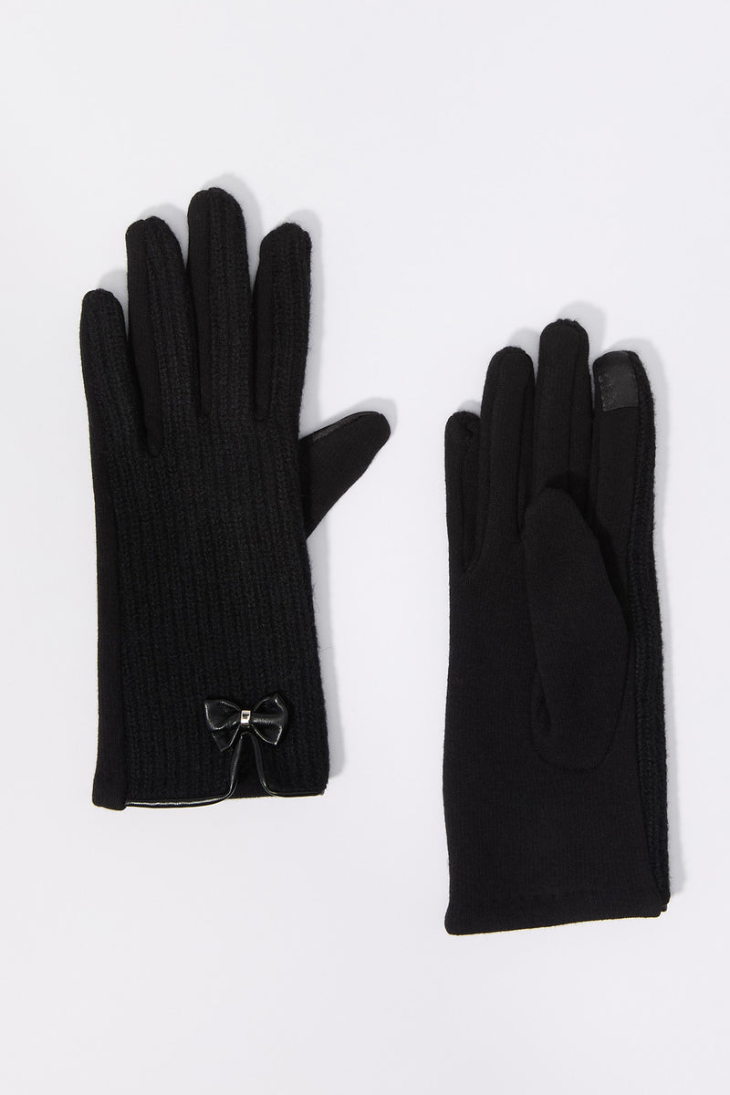 Bow Ribbed Knit Touch Screen Gloves