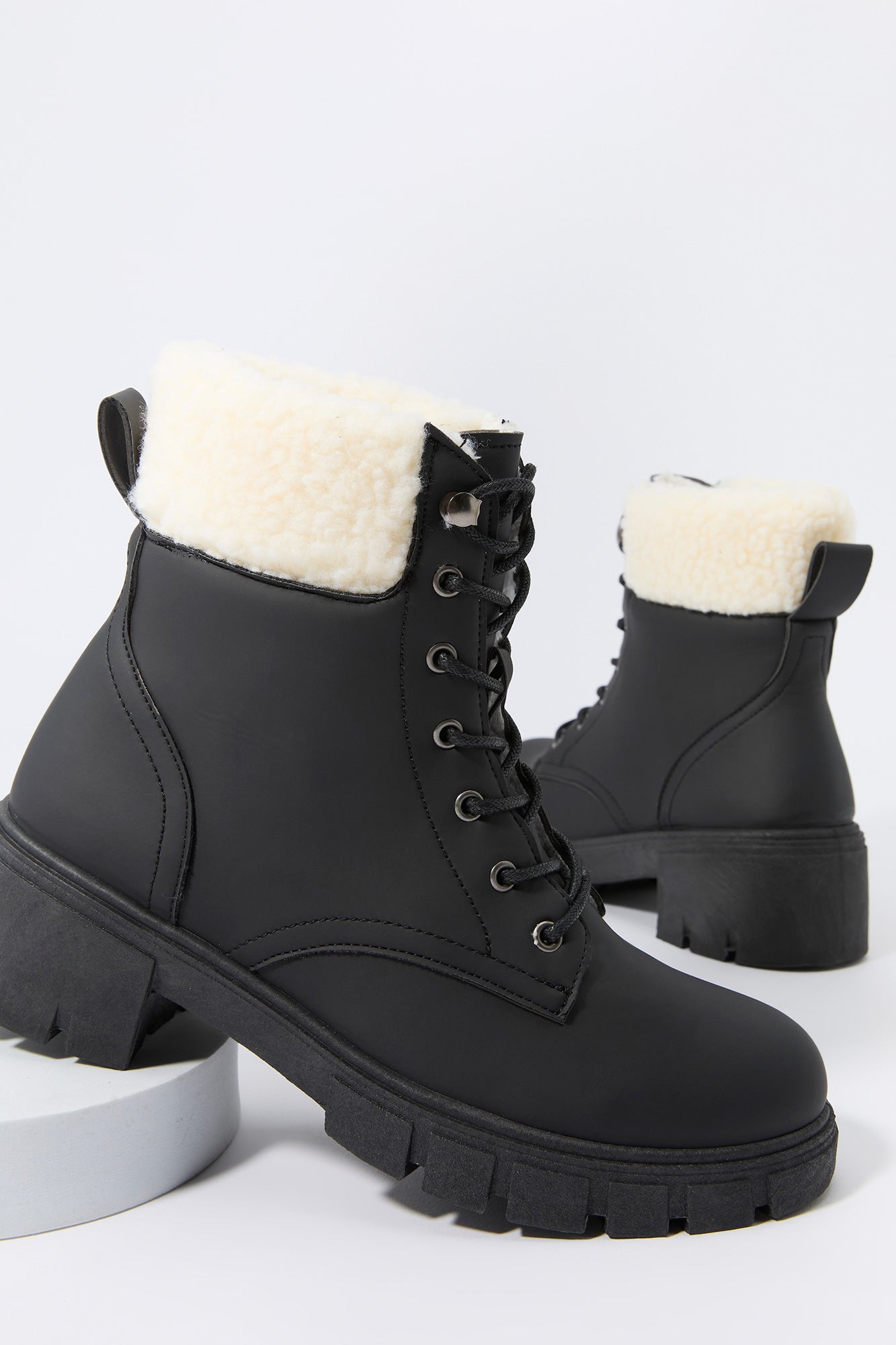 Faux Fur Collared Lace Up Lug Boot