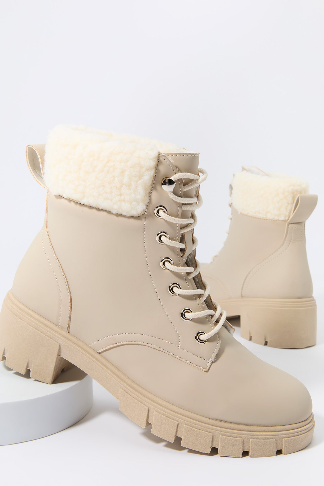 Faux Fur Collared Lace Up Lug Boot