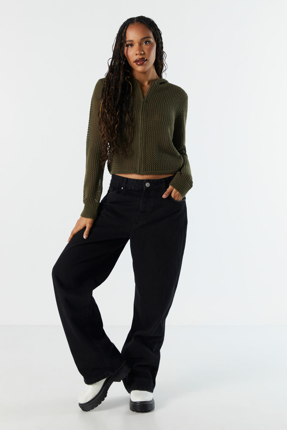 Open Knit Zip-Up Cropped Hoodie Open Knit Zip-Up Cropped Hoodie 4