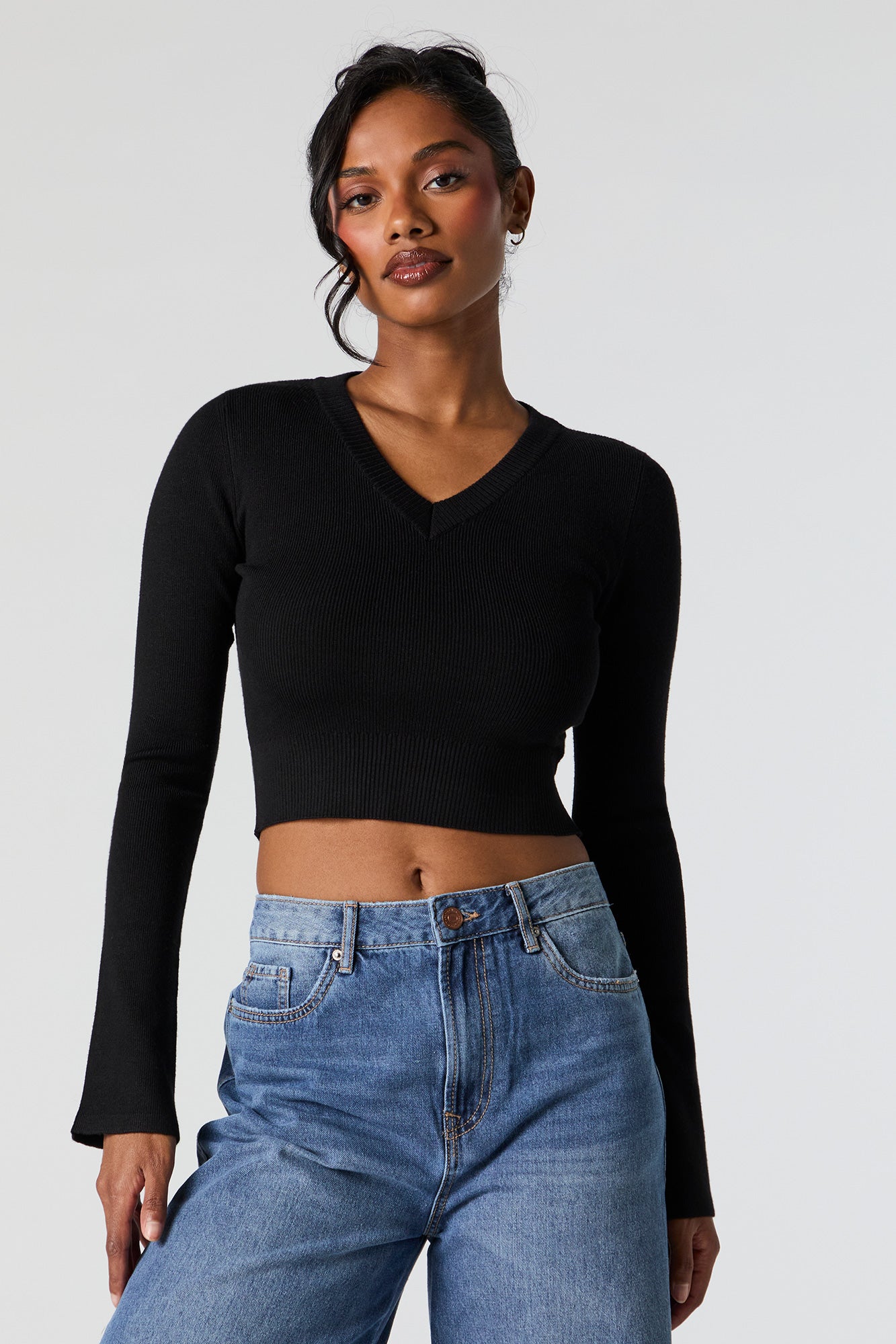 Ribbed Knit V Neck Bell Sleeve Cropped Sweater