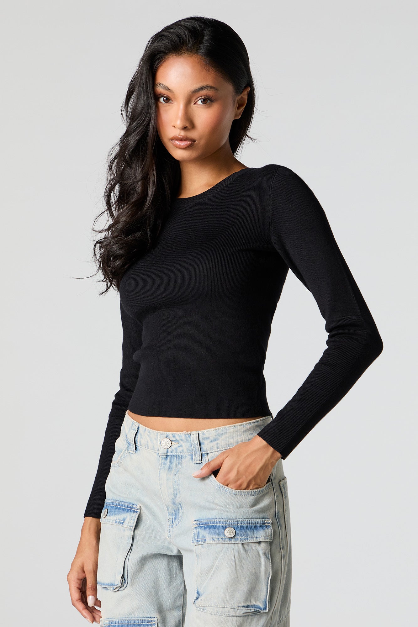 Ribbed Knit Crewneck Long Sleeve Sweater