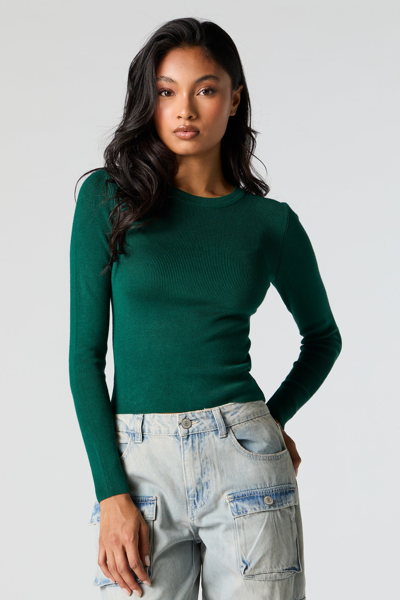 Ribbed Knit Crewneck Long Sleeve Sweater