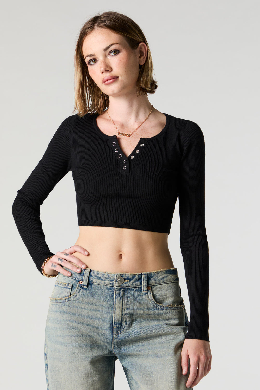 Ribbed Henley Long Sleeve Crop Top Ribbed Henley Long Sleeve Crop Top 4