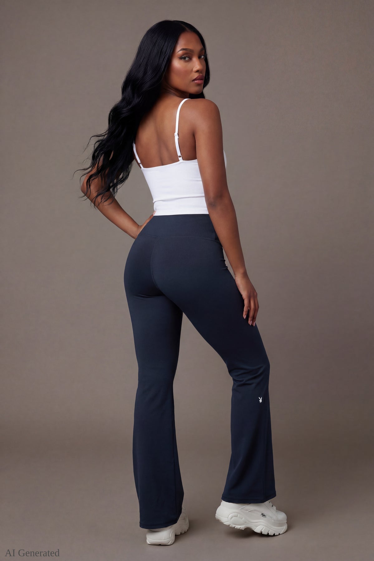 Alt View 2. Playboy Active Flare Pant - Dark Grey - Back On-Model - Dark Grey