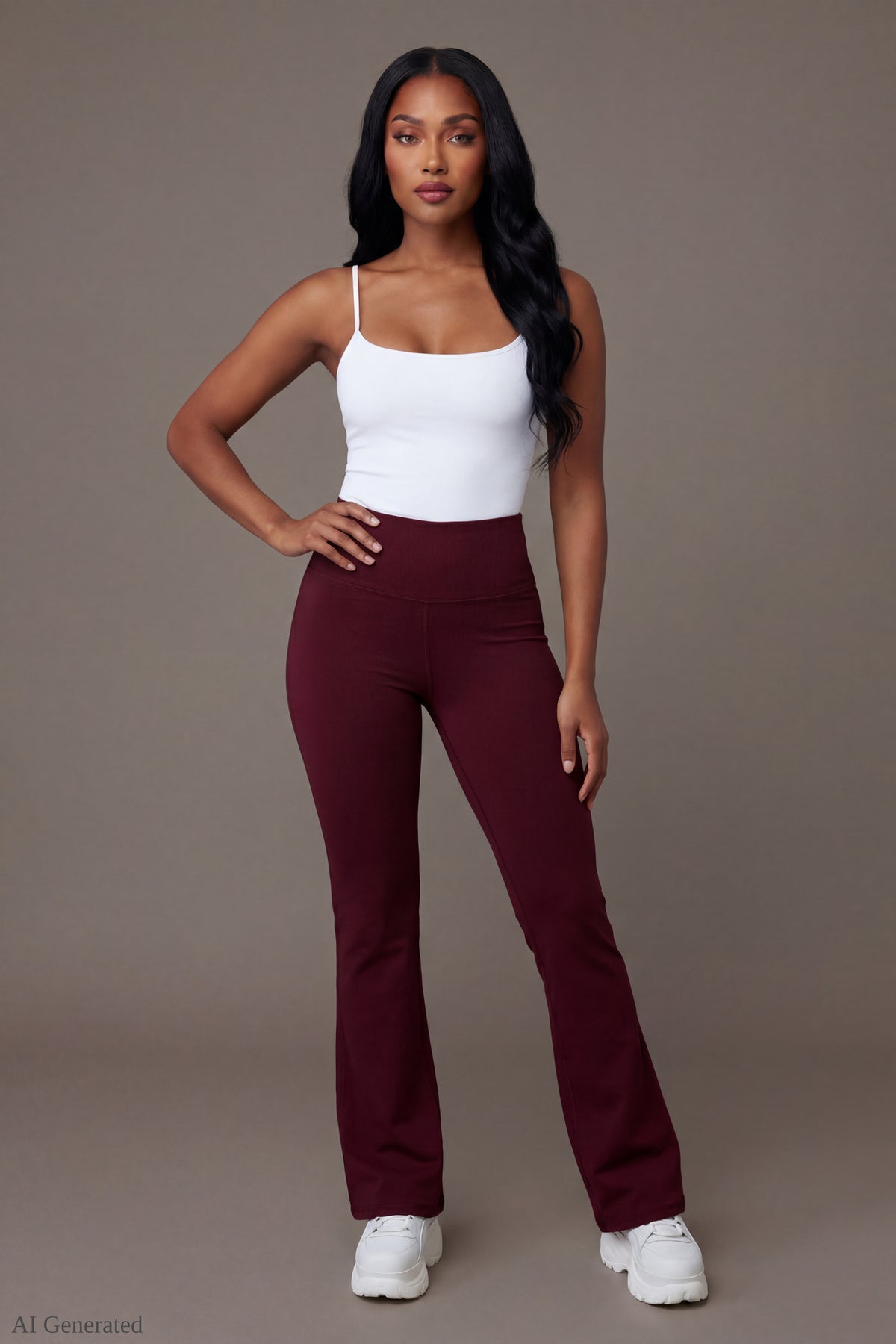 Alt View 2. Playboy Active Flare Pant - Burgundy - Front On-Model - Burgundy