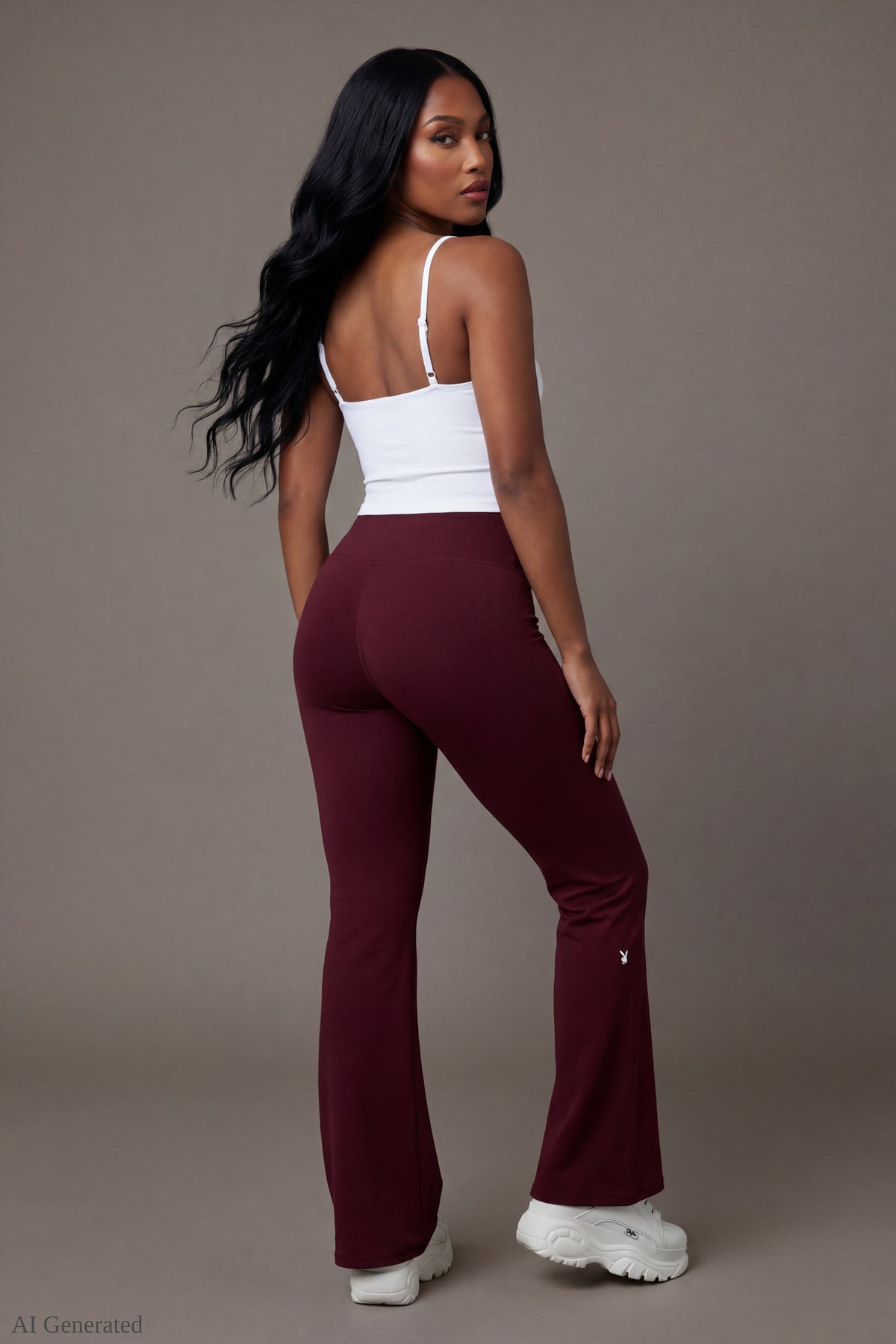 Alt View 3. Playboy Active Flare Pant - Burgundy - Back On-Model - Burgundy