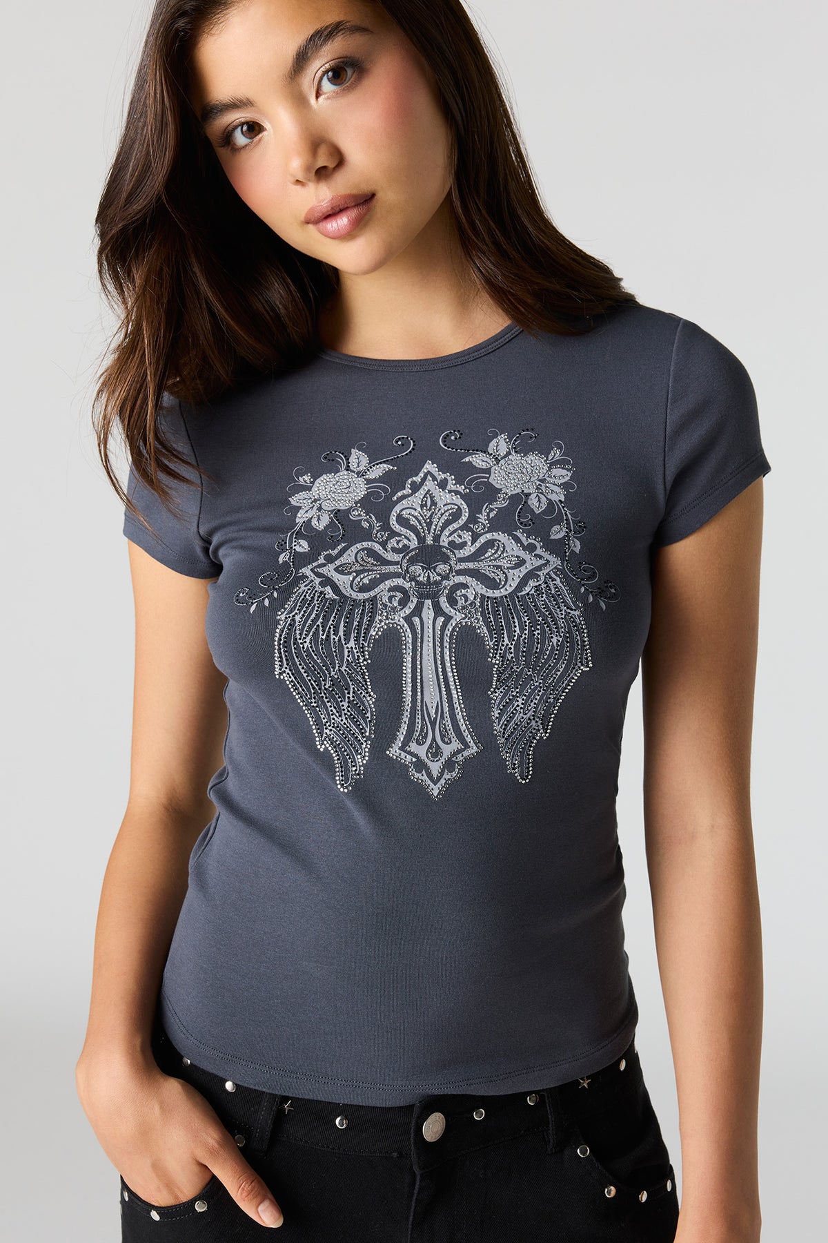 Alt View 4. Rhinestone Graphic Fitted T-Shirt - Dark Grey