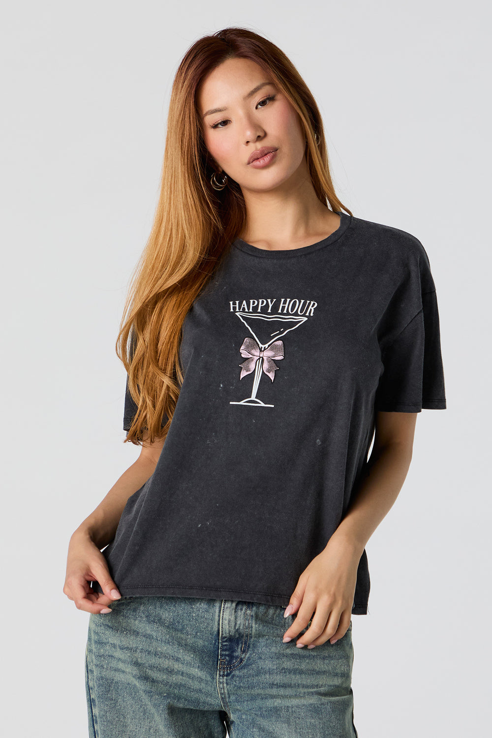 Happy Hour Graphic Washed Boyfriend T-Shirt Happy Hour Graphic Washed Boyfriend T-Shirt 1