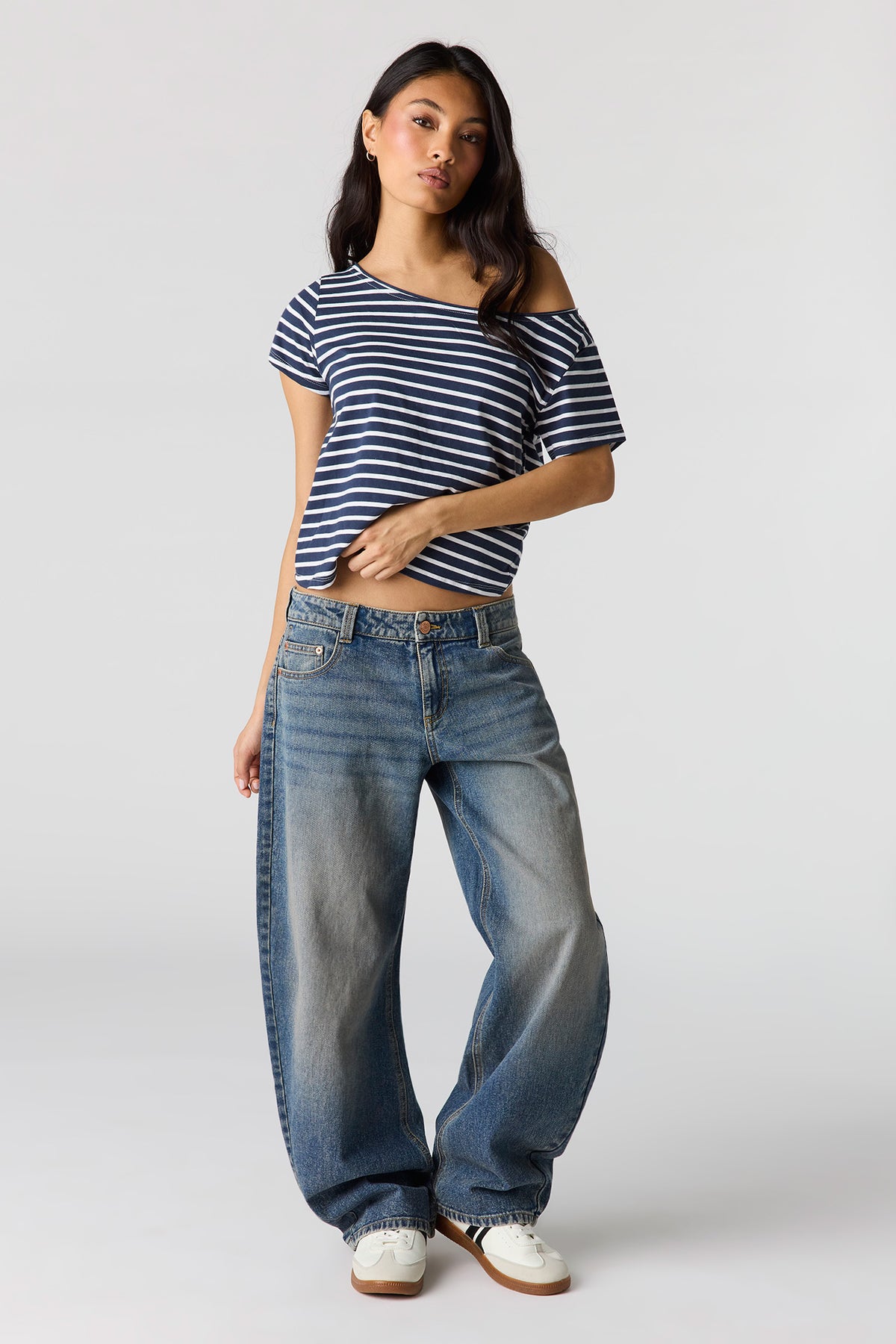 Alt View 3. Striped Off Shoulder Boxy T-Shirt - Medium Blue