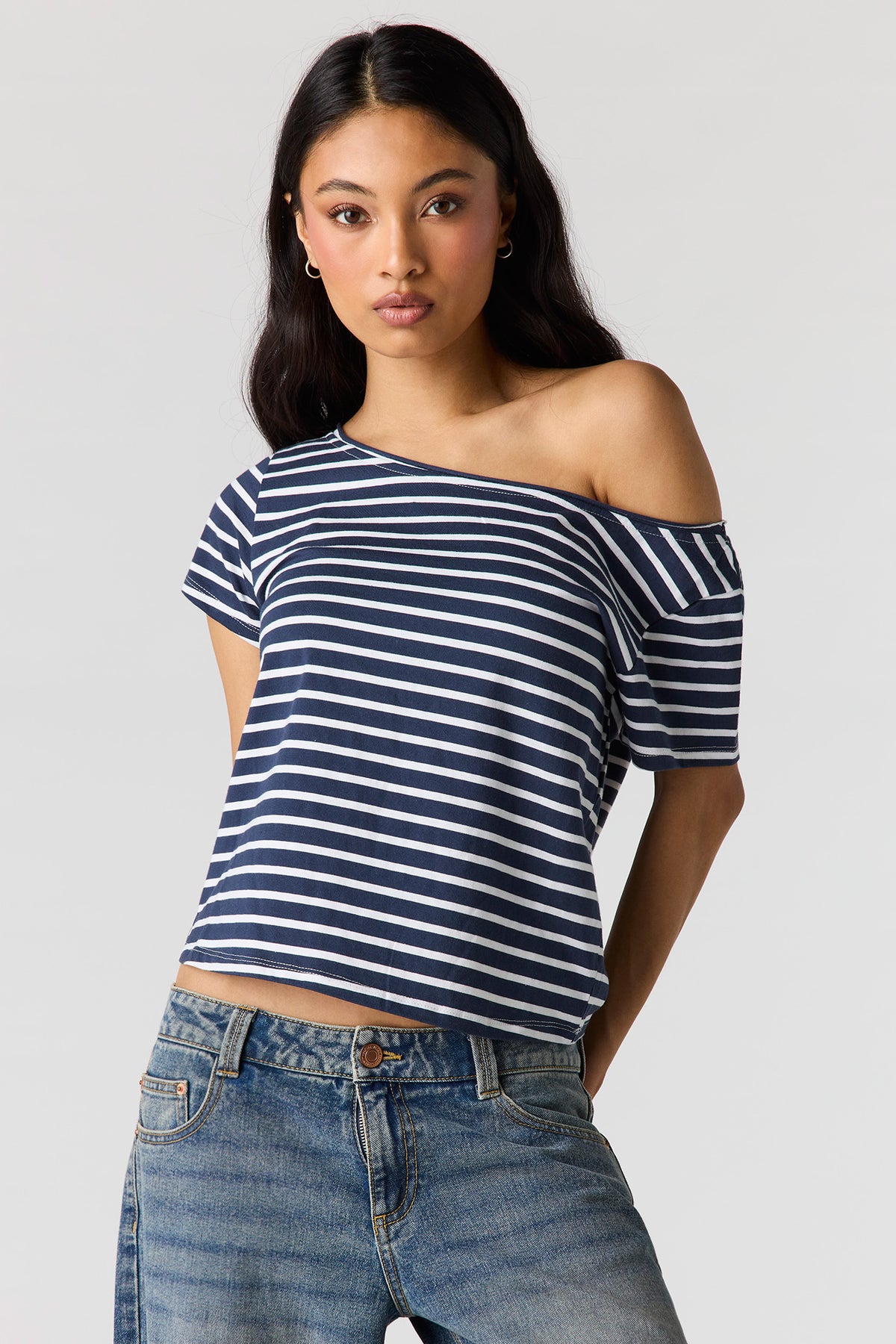 Striped Off Shoulder Boxy T-Shirt - Medium Blue