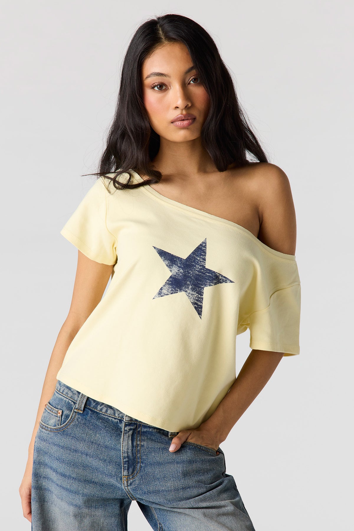 Striped Off Shoulder Boxy T-Shirt - Yellow