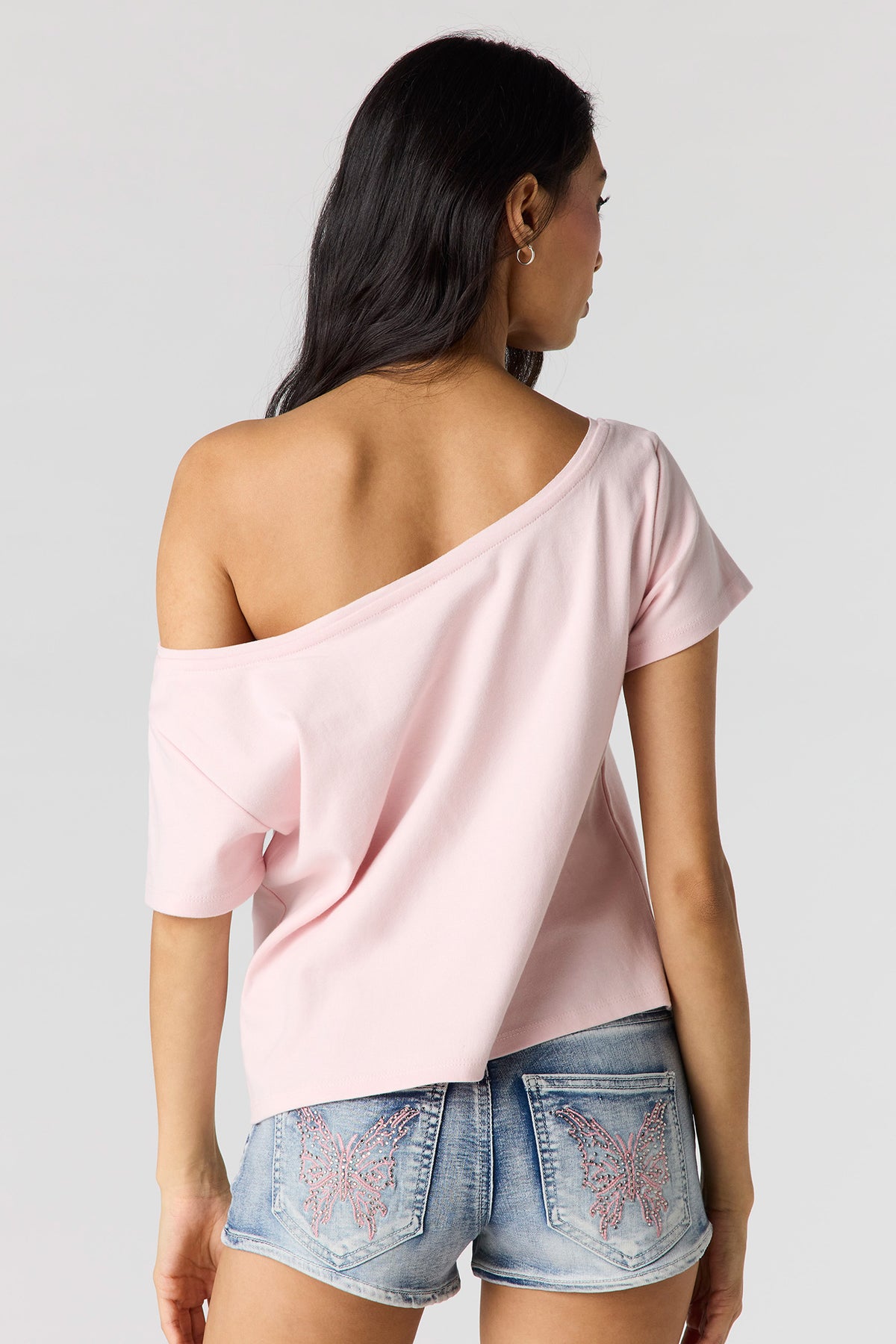 Alt View 2. Striped Off Shoulder Boxy T-Shirt - Light Pink