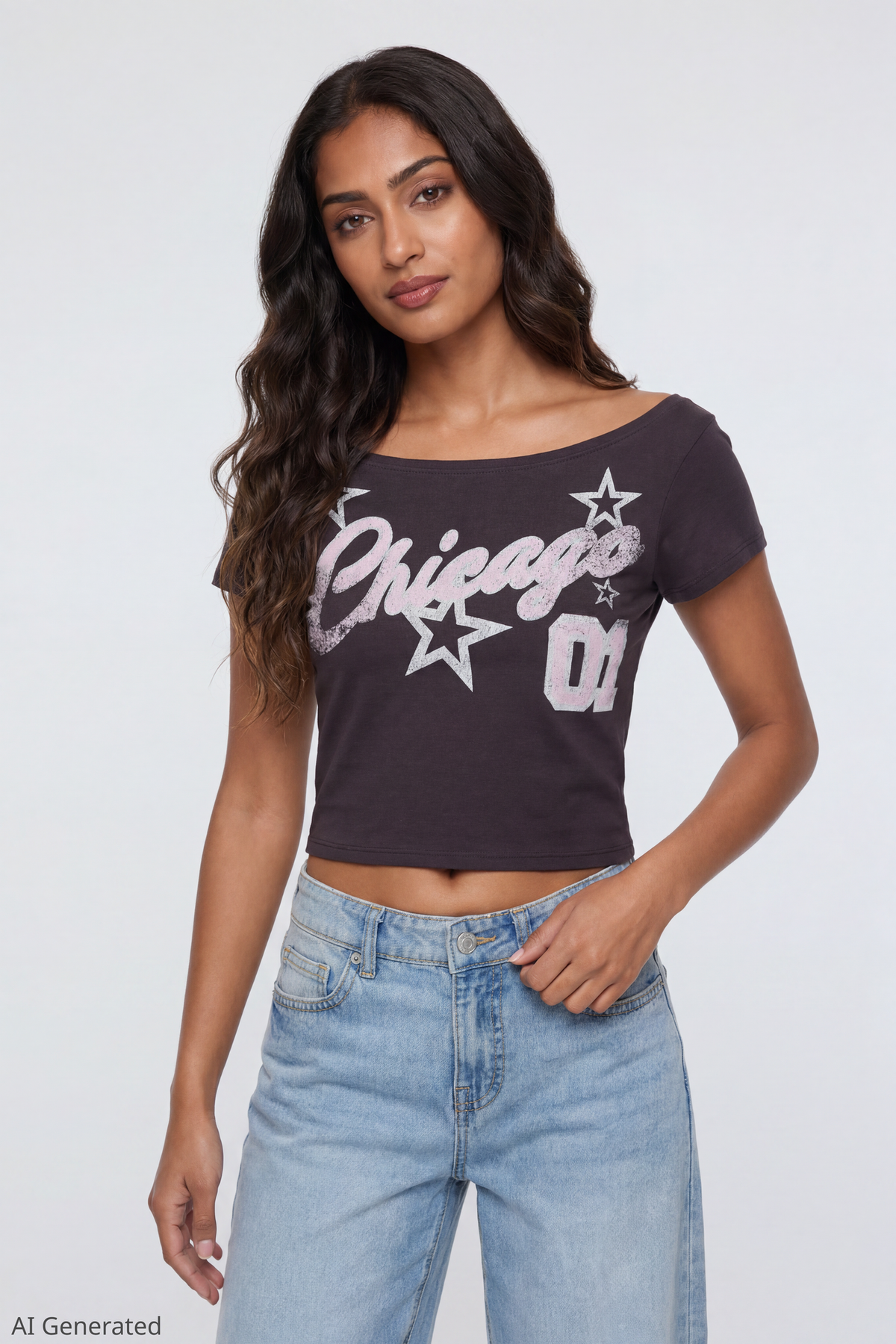 Off Shoulder Graphic T-Shirt - Plaid