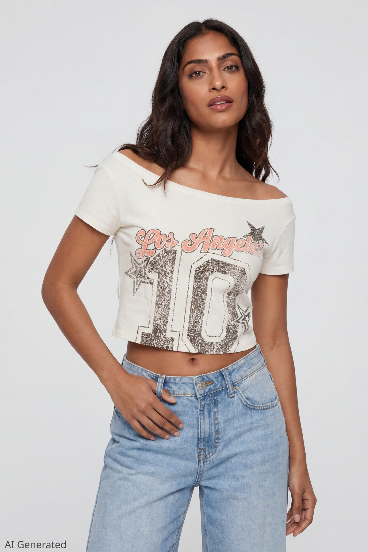 Off Shoulder Graphic T-Shirt - Ivory