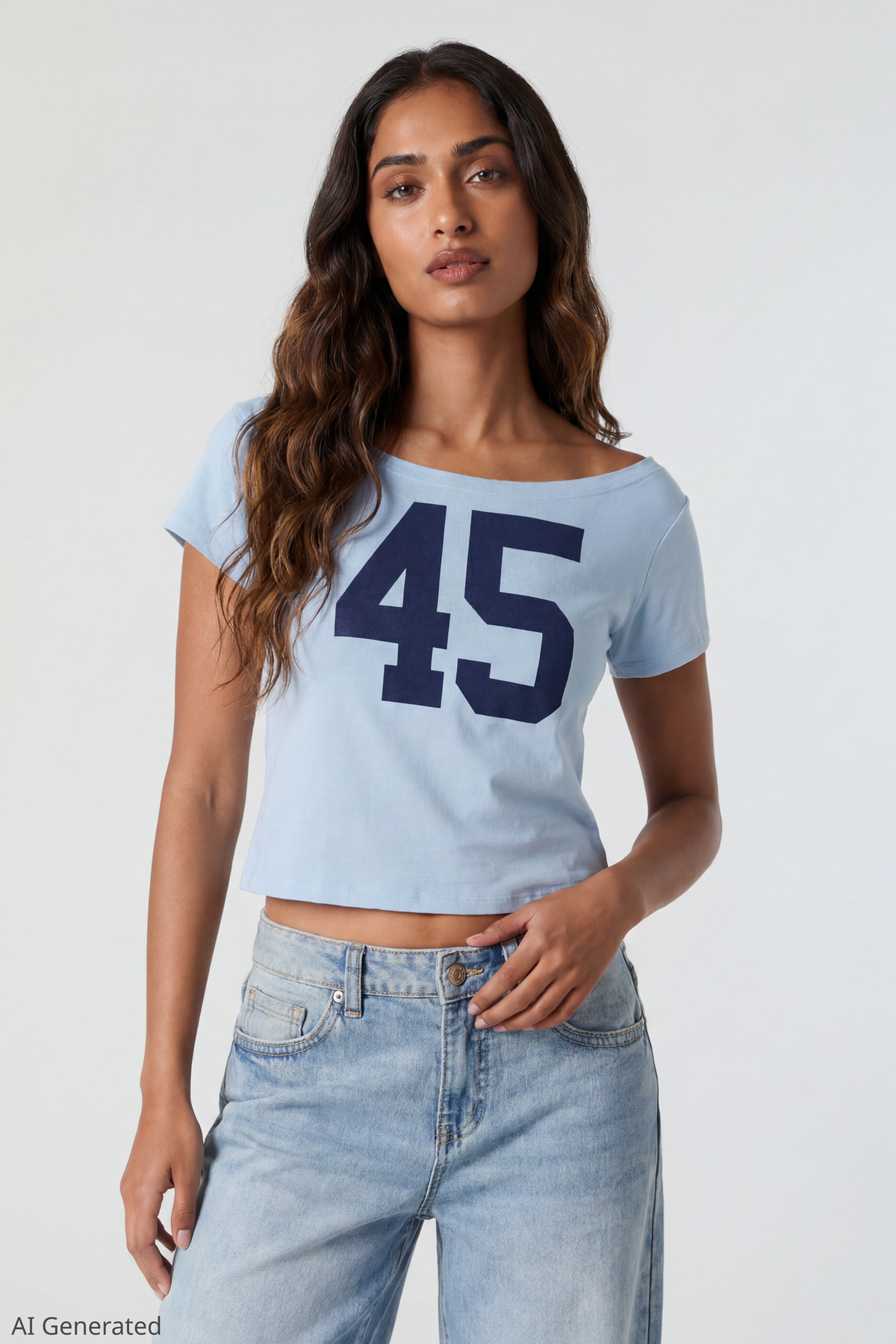 Off Shoulder Graphic T-Shirt - Light Blue