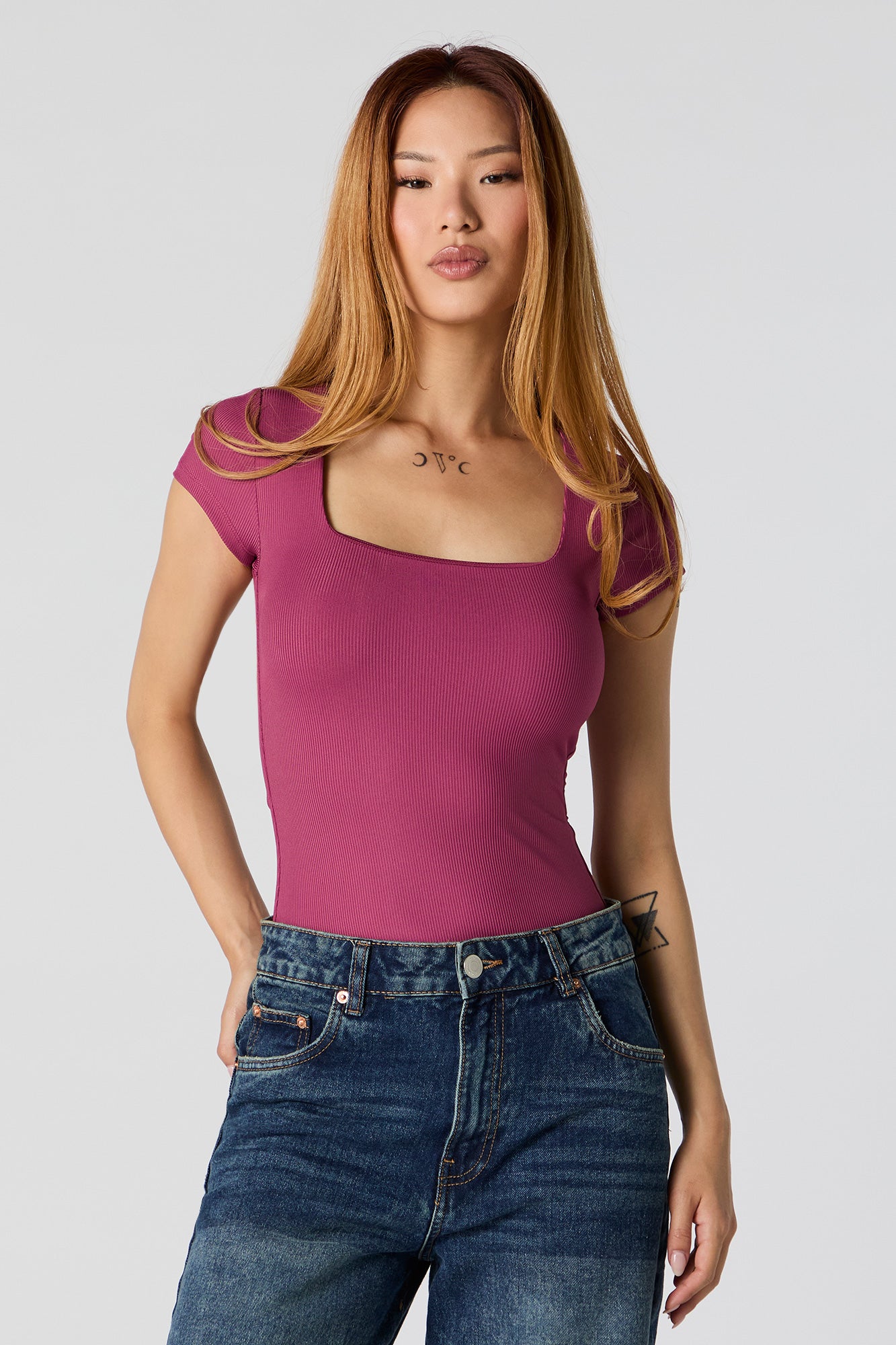 Ribbed Square Neck Short Sleeve Bodysuit