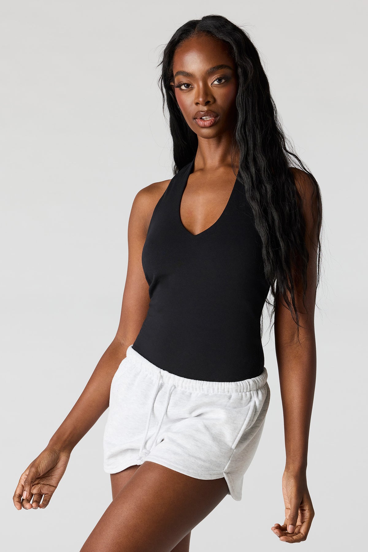 V-Neck Halter Bodysuit - Black
