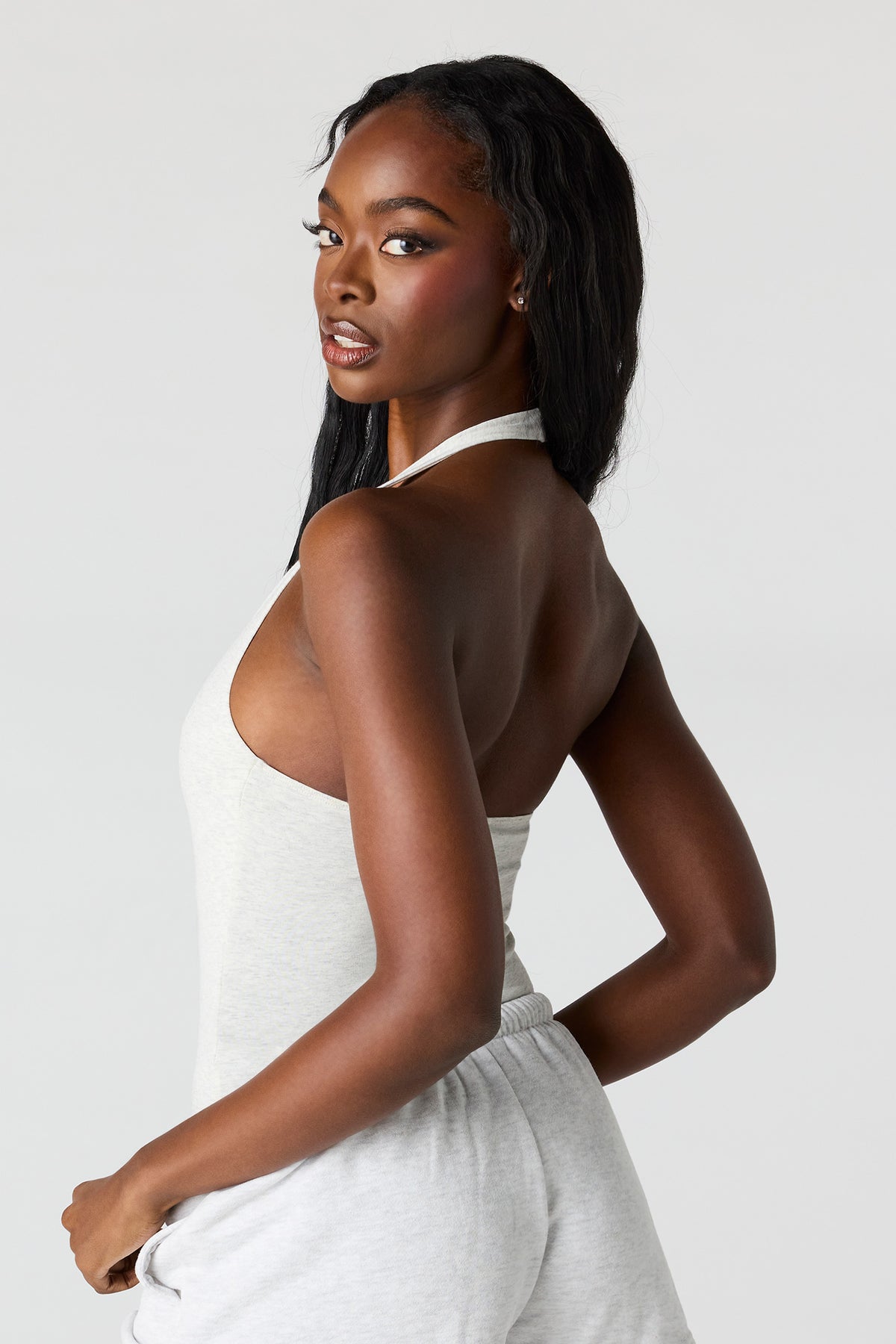 Alt View 2. V-Neck Halter Bodysuit - Heather Grey