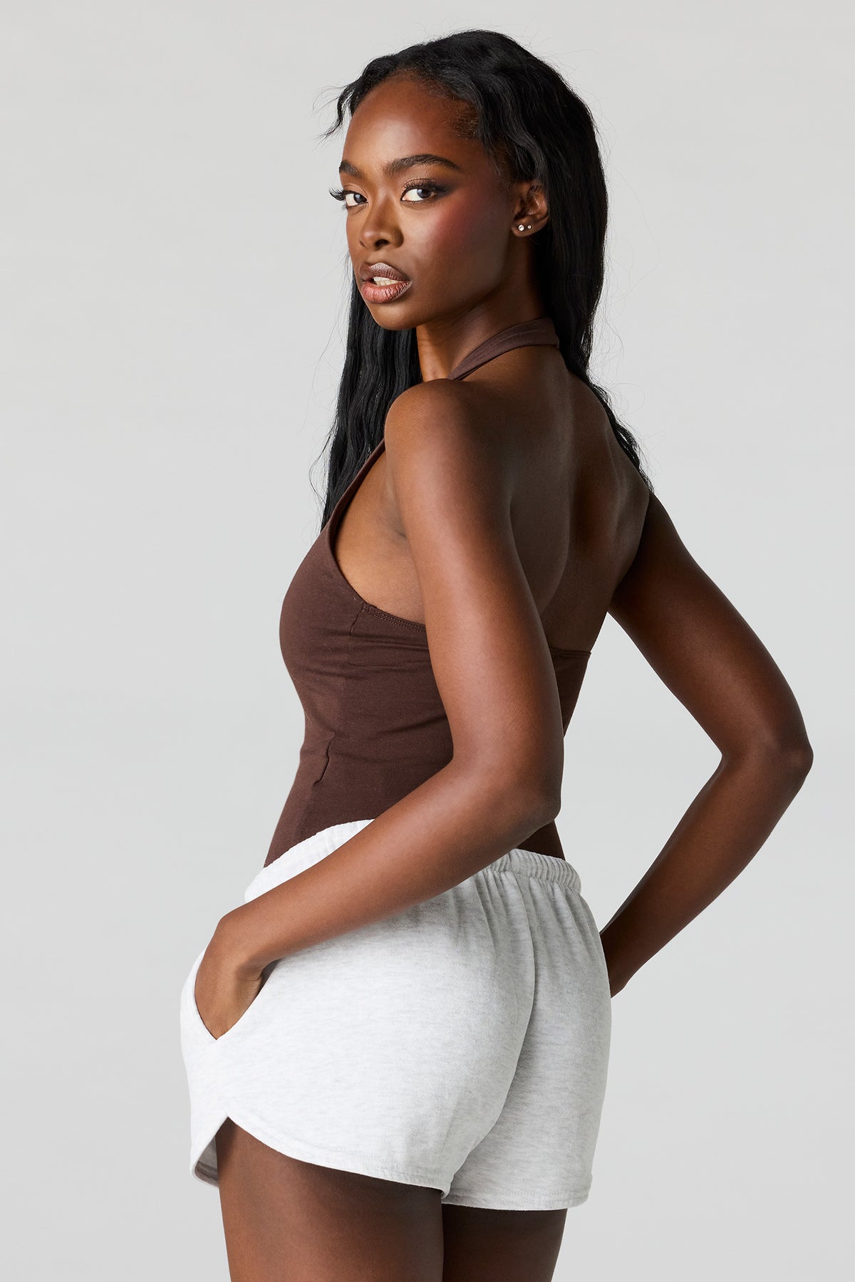 Alt View 2. V-Neck Halter Bodysuit - Brown