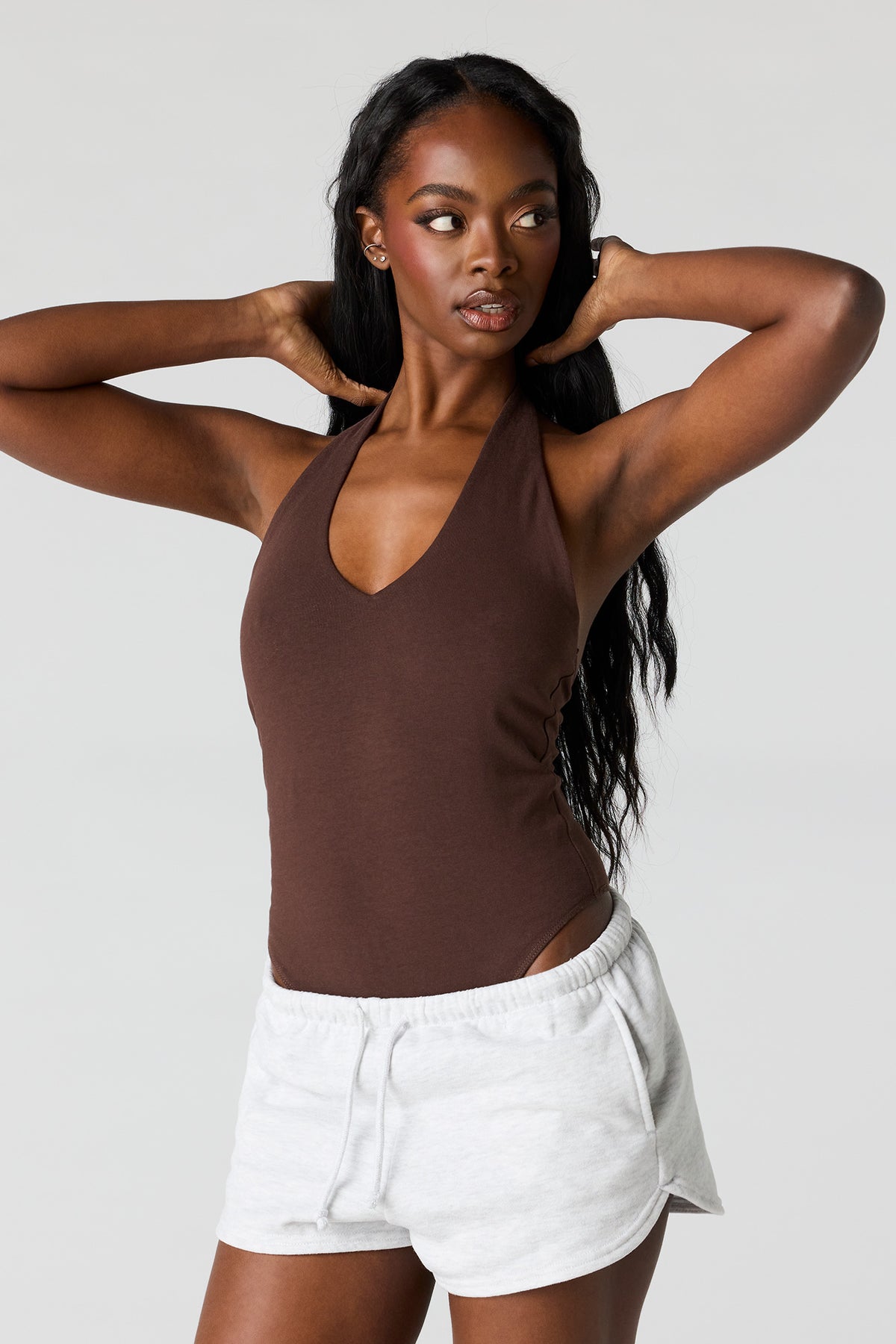 V-Neck Halter Bodysuit - Brown