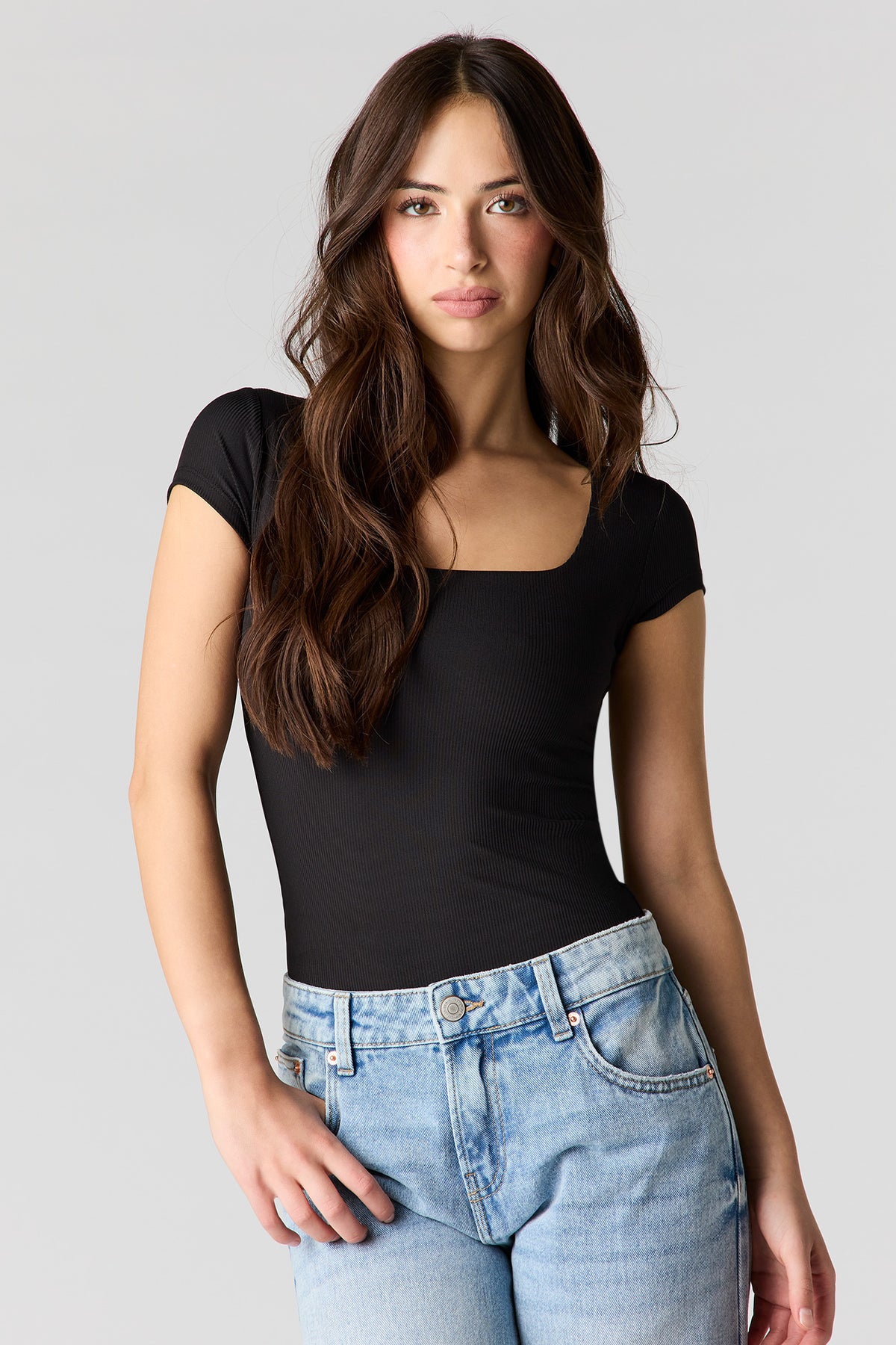 Contour Ribbed Square Neck Bodysuit - Black