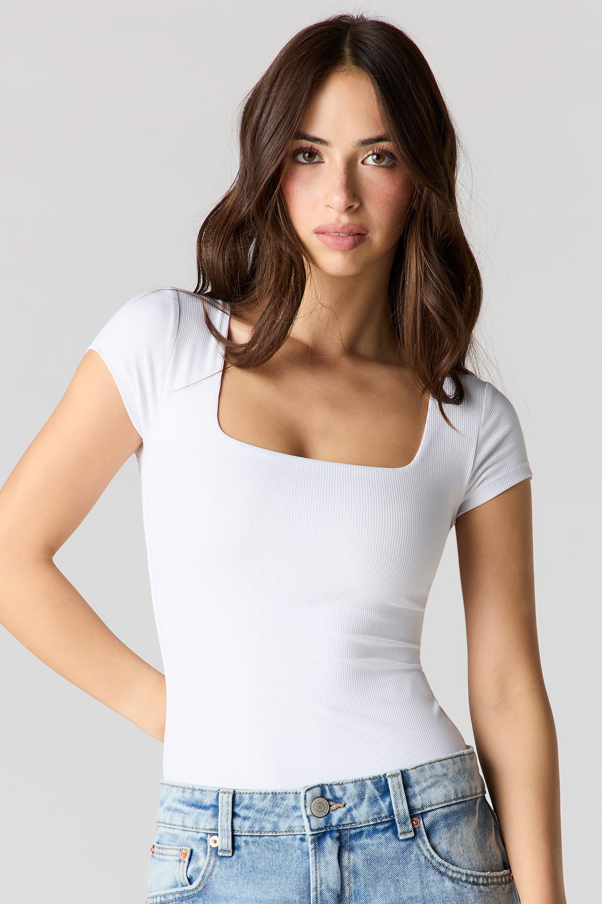 Contour Ribbed Square Neck Bodysuit - White