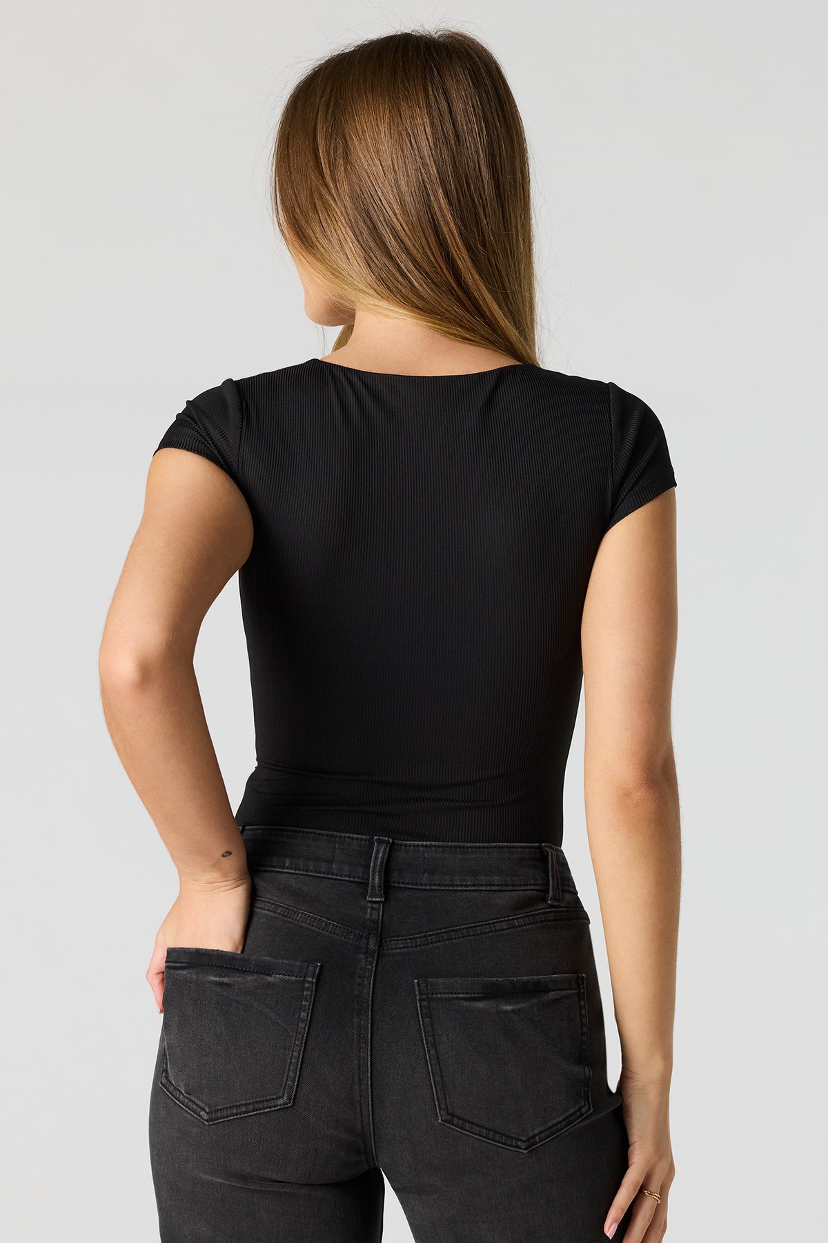 Alt View 2. Contour Ribbed Square Neck Short Sleeve Bodysuit - Black