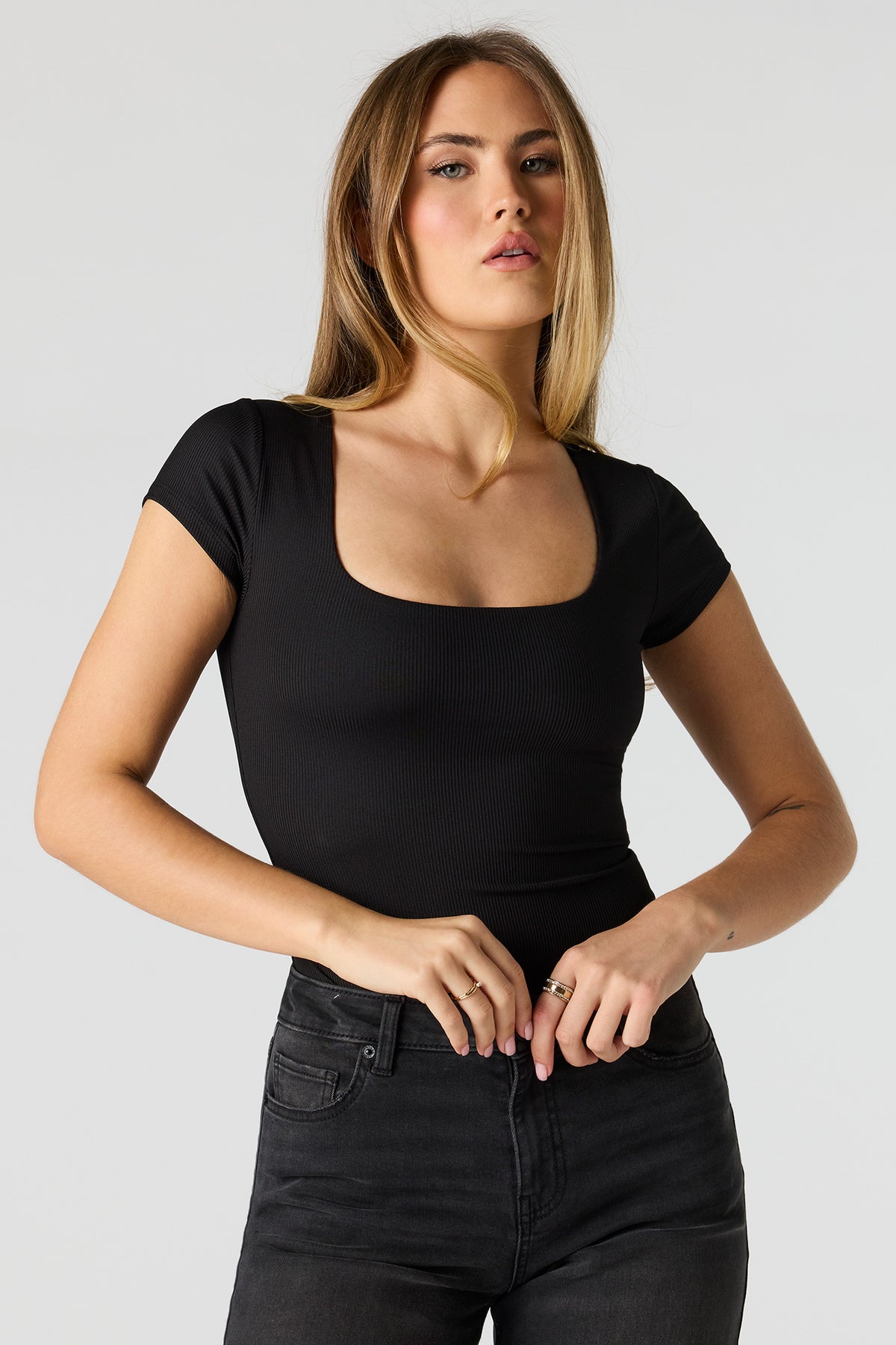 Contour Ribbed Square Neck Short Sleeve Bodysuit - Black