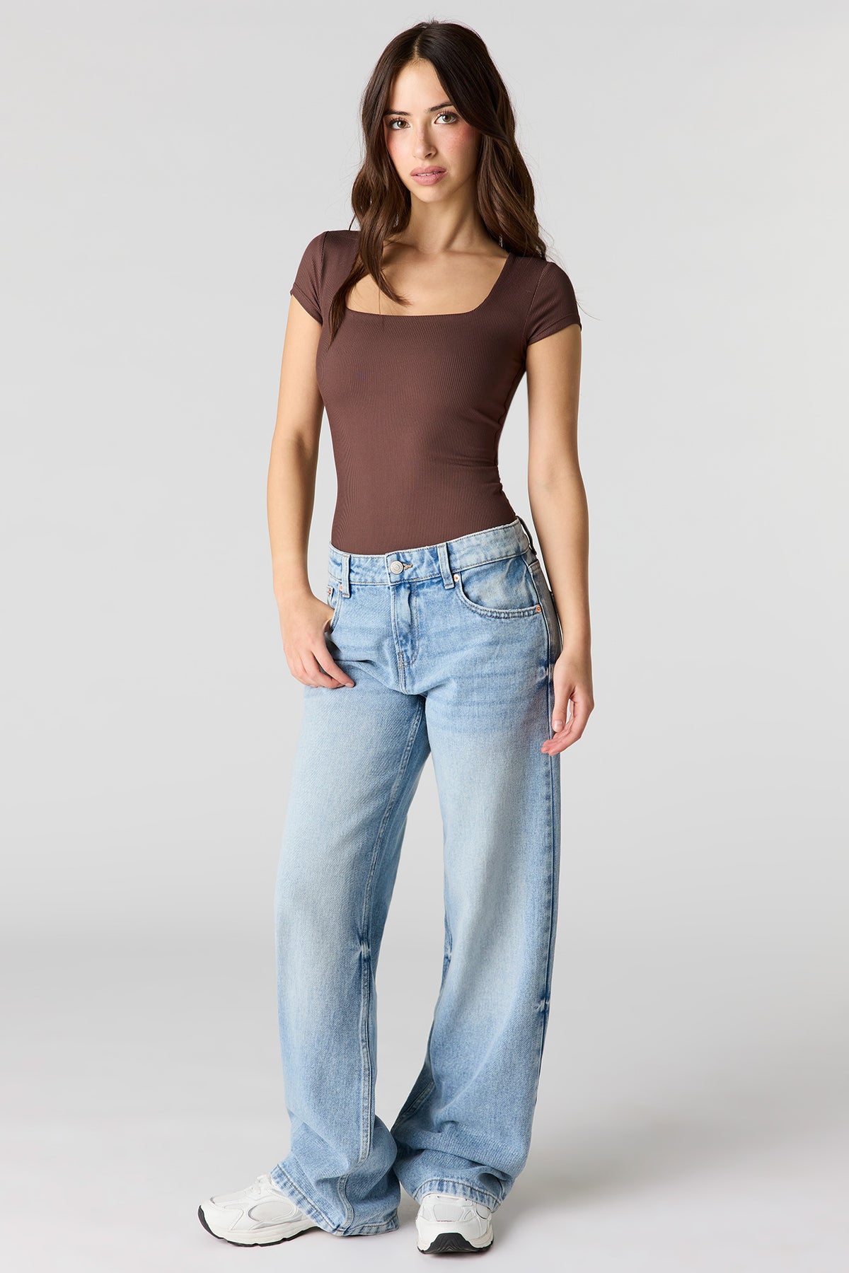 Alt View 3. Contour Ribbed Square Neck Short Sleeve Bodysuit - Brown