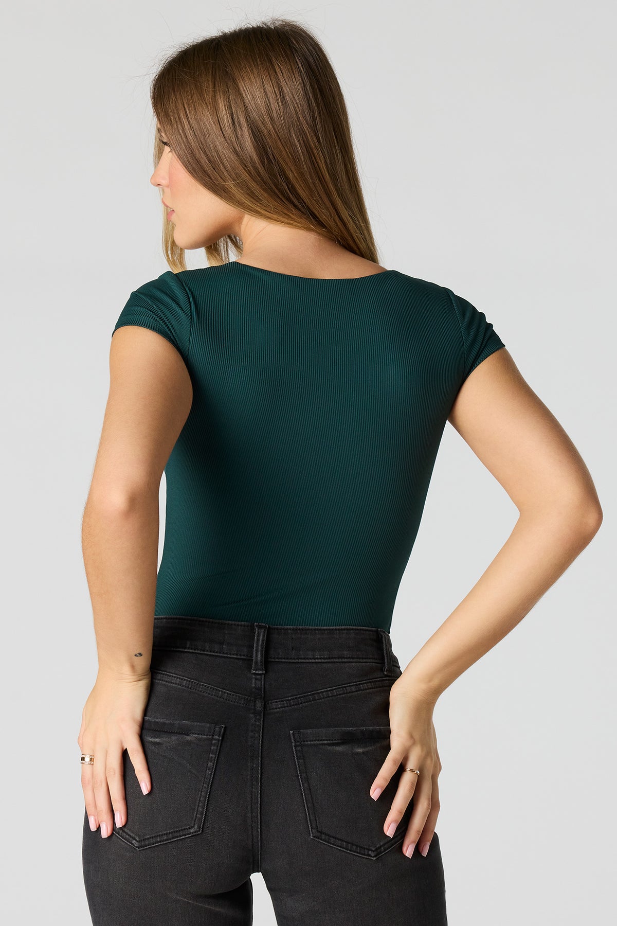 Alt View 2. Contour Ribbed Square Neck Short Sleeve Bodysuit - Hunter Green