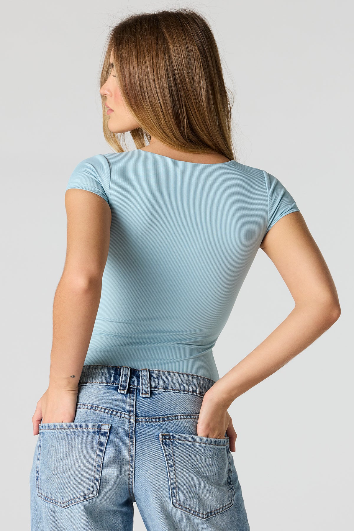 Alt View 2. Contour Ribbed Square Neck Short Sleeve Bodysuit - Blue