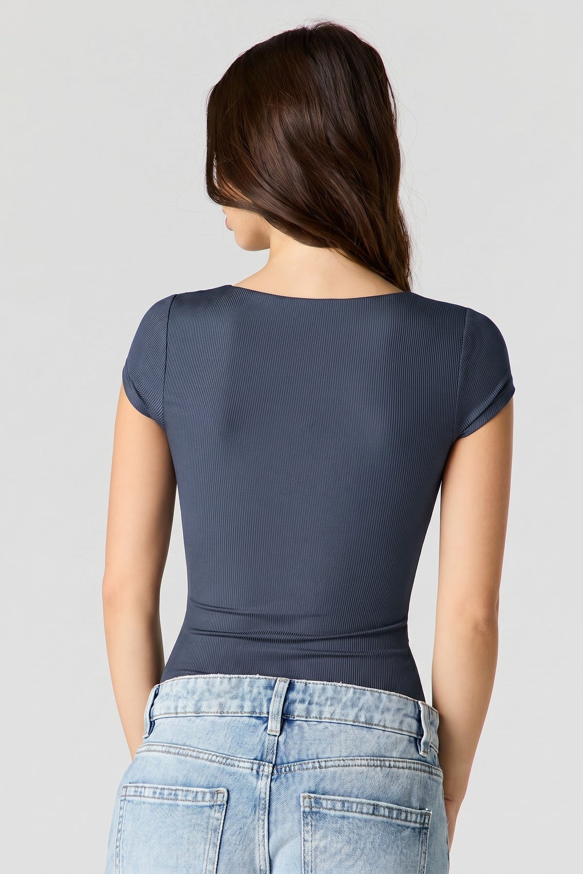 Alt View 2. Contour Ribbed Square Neck Short Sleeve Bodysuit - Navy