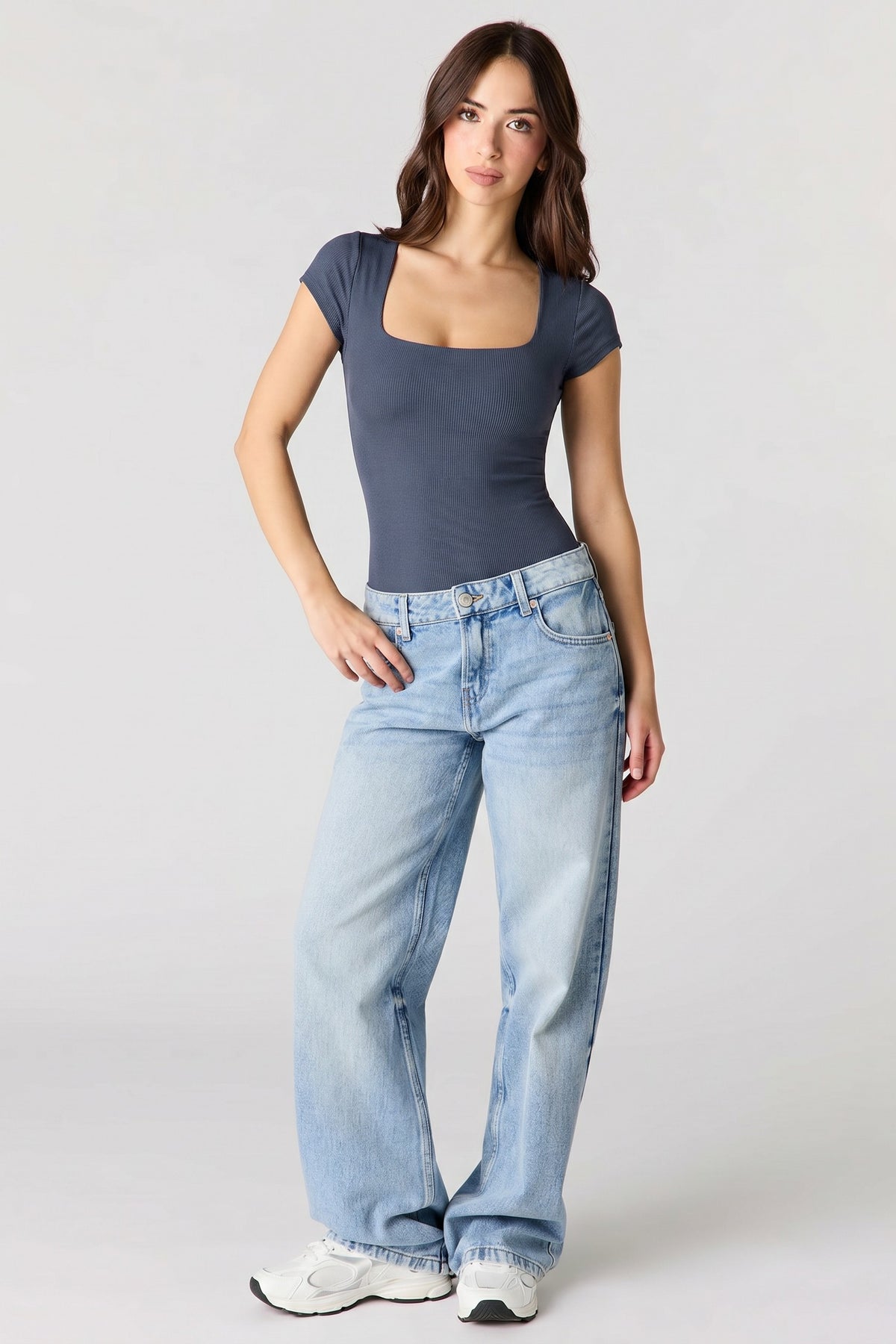 Alt View 3. Contour Ribbed Square Neck Short Sleeve Bodysuit - Navy