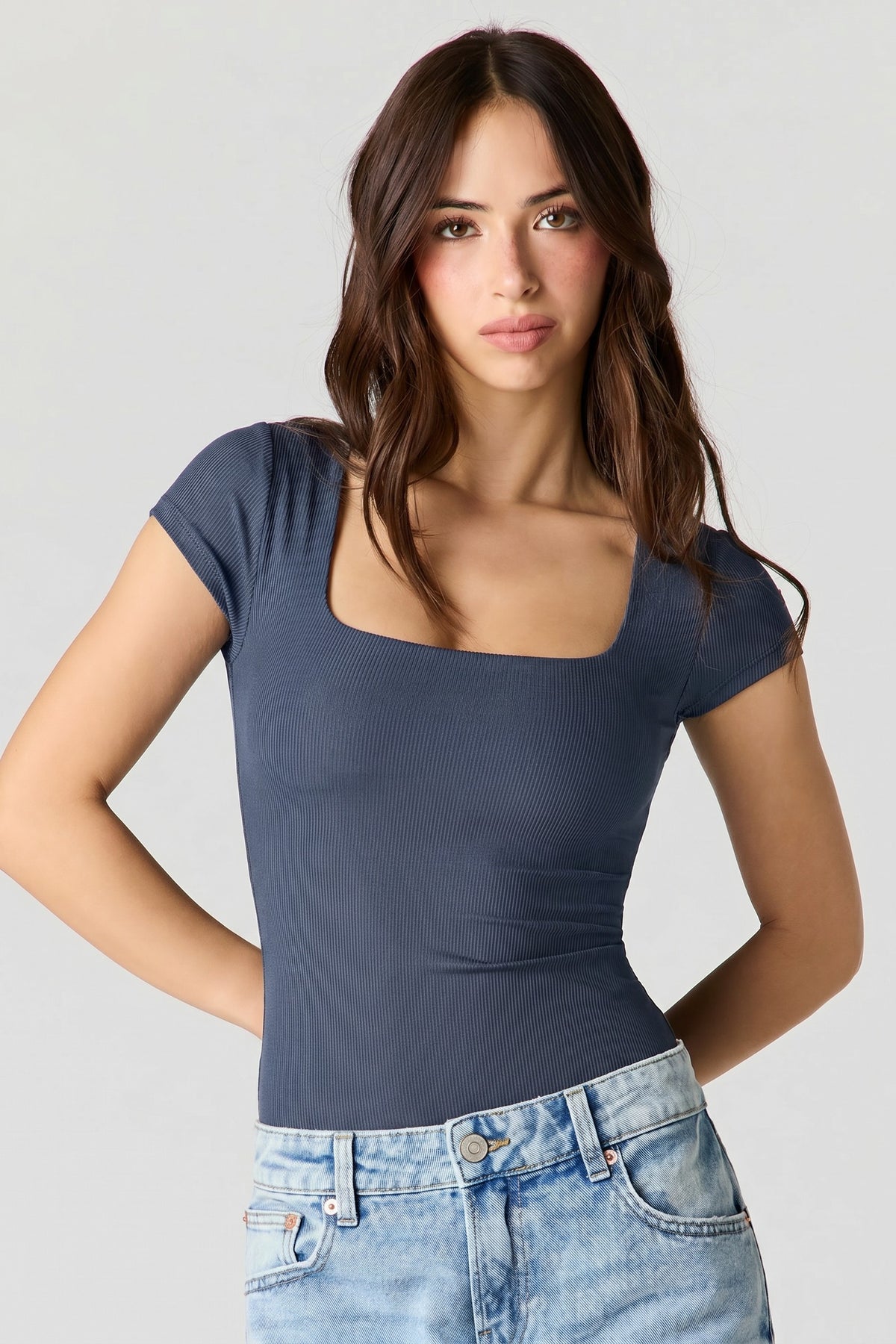 Contour Ribbed Square Neck Short Sleeve Bodysuit - Navy