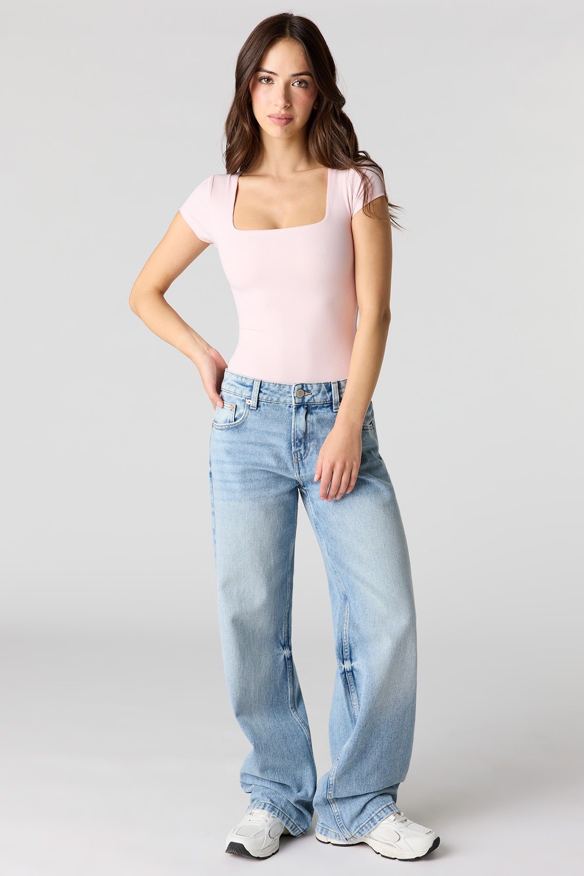 Alt View 3. Contour Ribbed Square Neck Short Sleeve Bodysuit - Light Pink