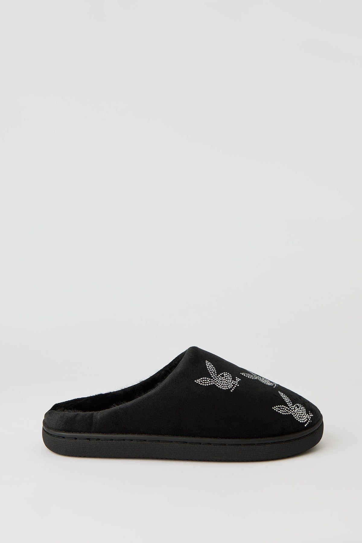 Alt View 2. Playboy Rhinestone Faux Fur Slipper - Black