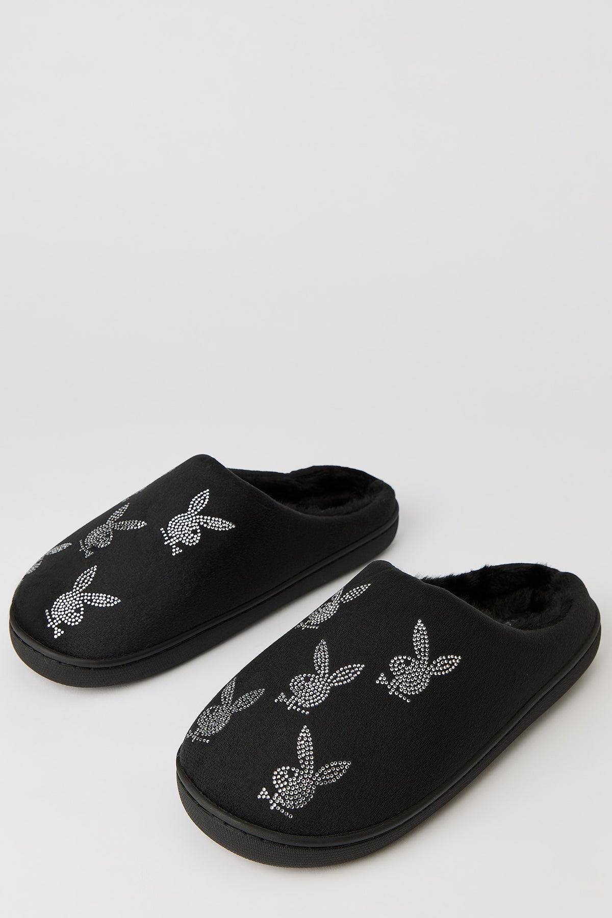 Playboy Rhinestone Faux Fur Slipper - Black