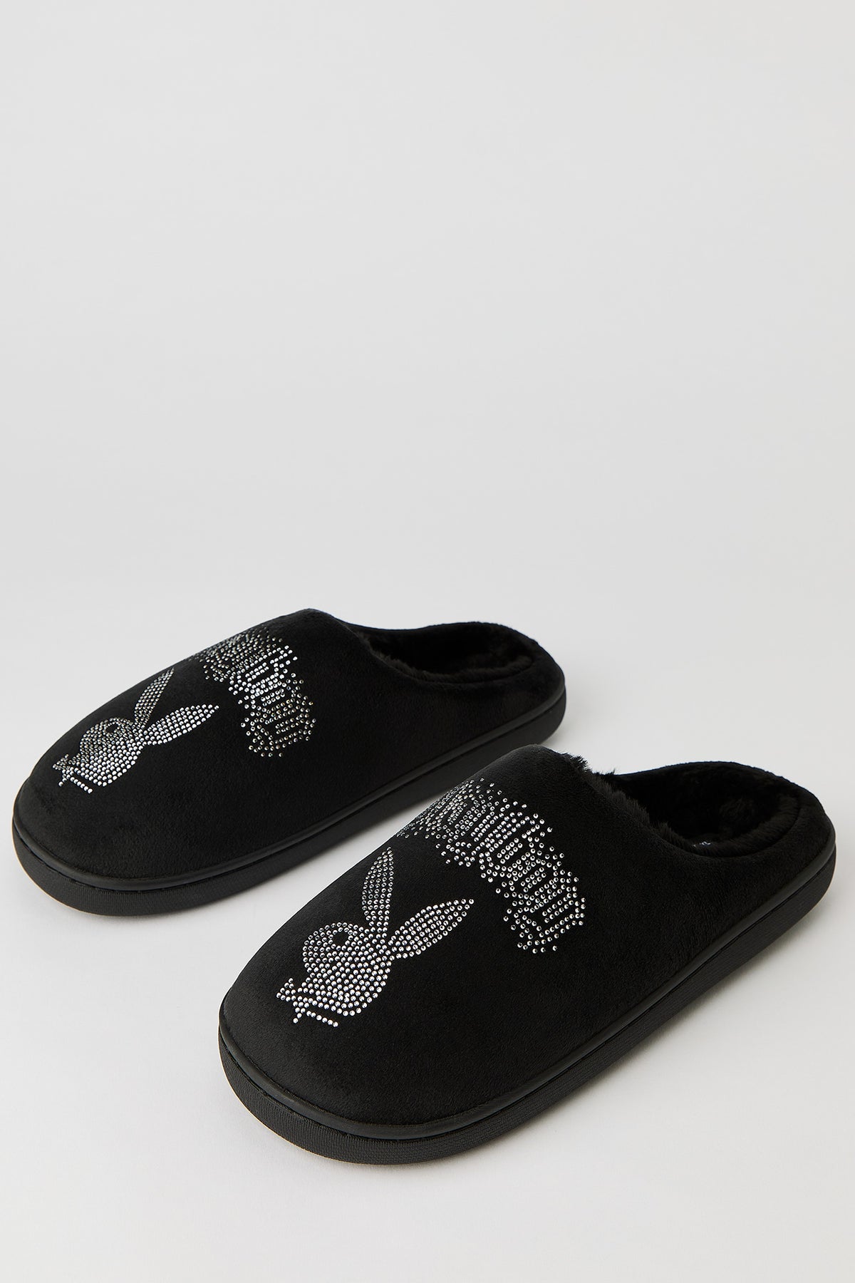 Playboy Rhinestone Faux Fur Slipper - Black