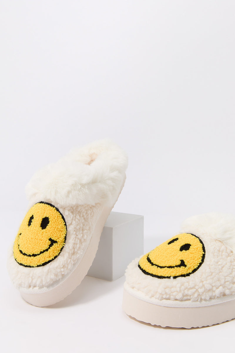 Faux Fur Collared Happy Face Slipper