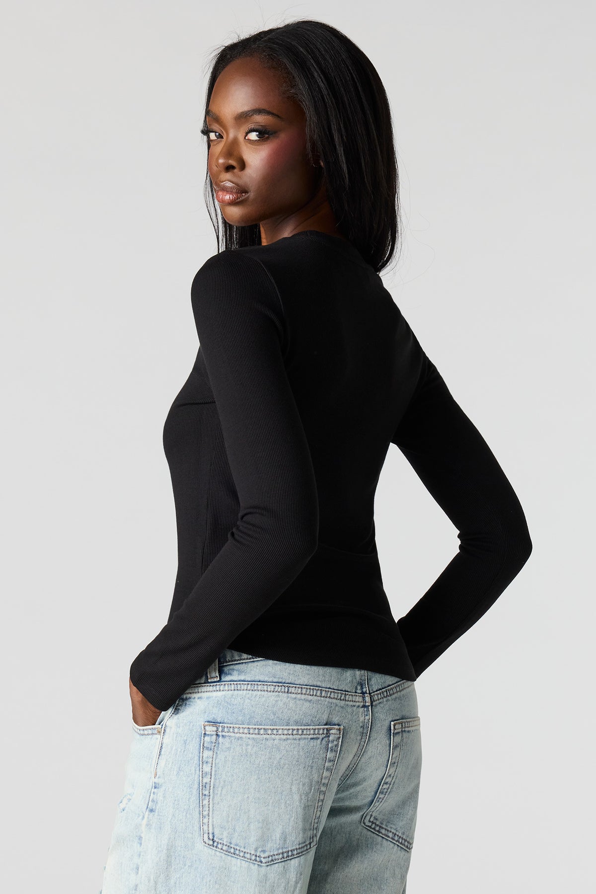 Alt View 2. Ribbed Long Sleeve Top - Black