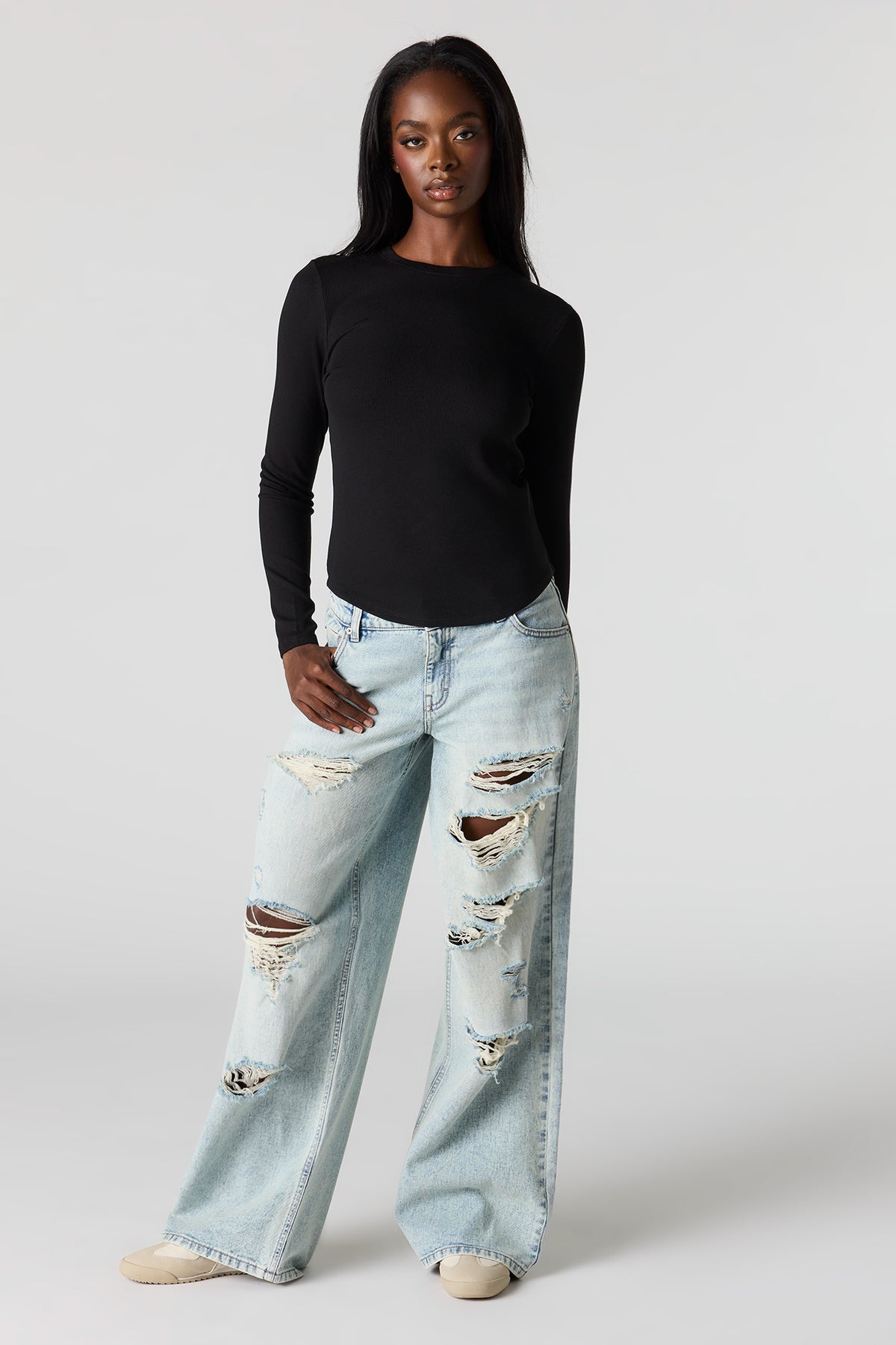 Alt View 3. Ribbed Long Sleeve Top - Black