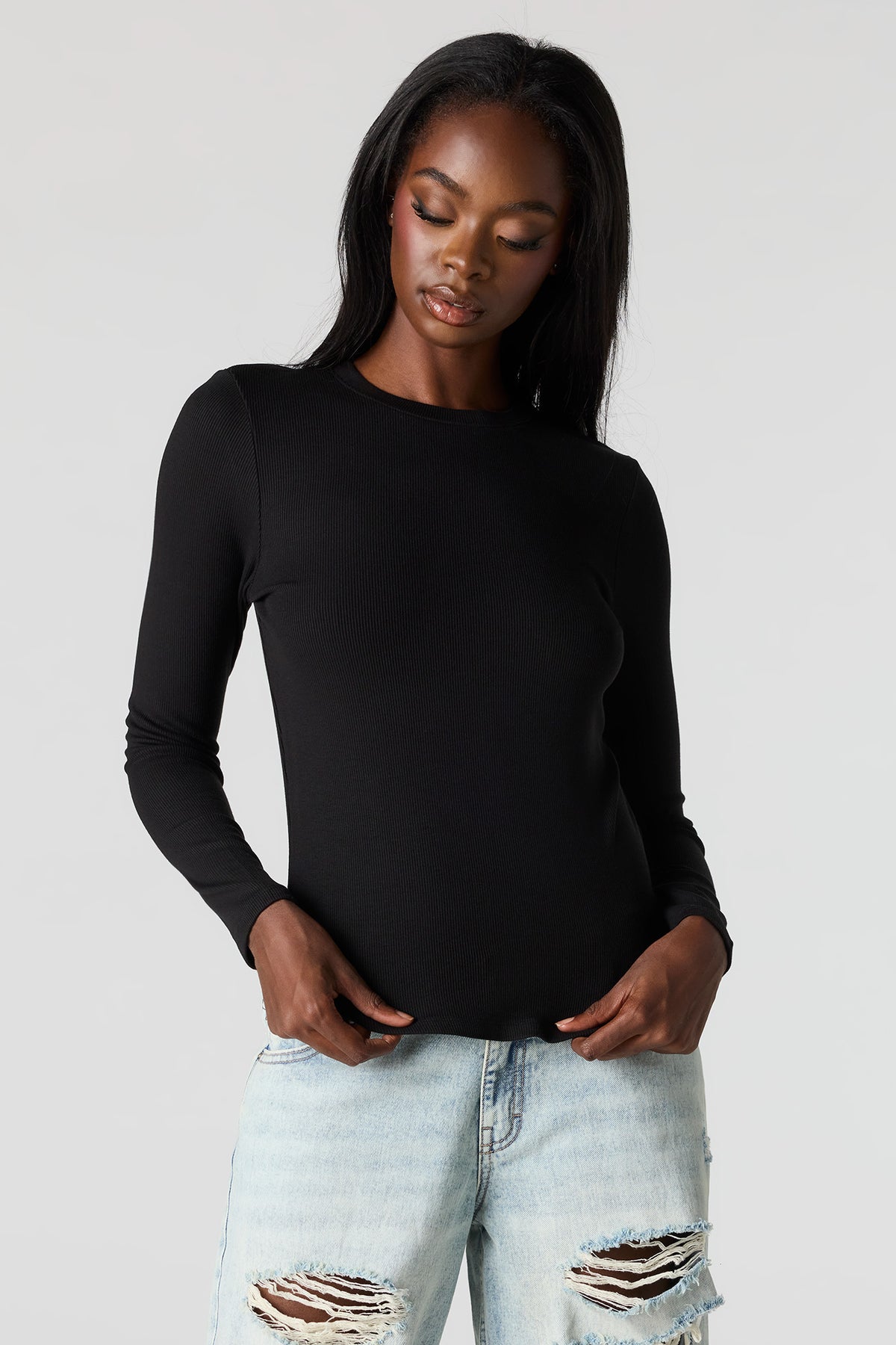 Ribbed Long Sleeve Top - Black