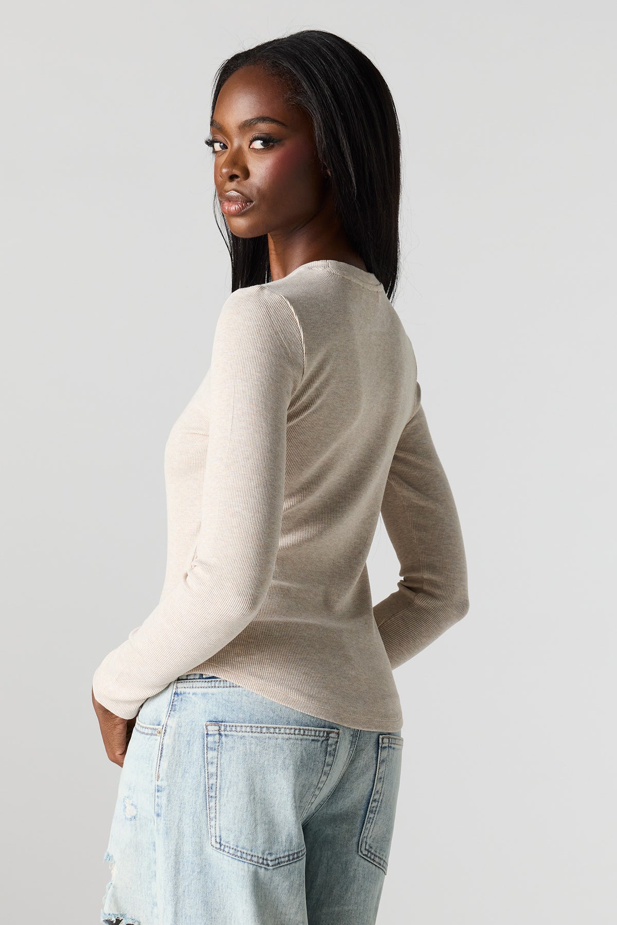Alt View 2. Ribbed Long Sleeve Top - Oatmeal